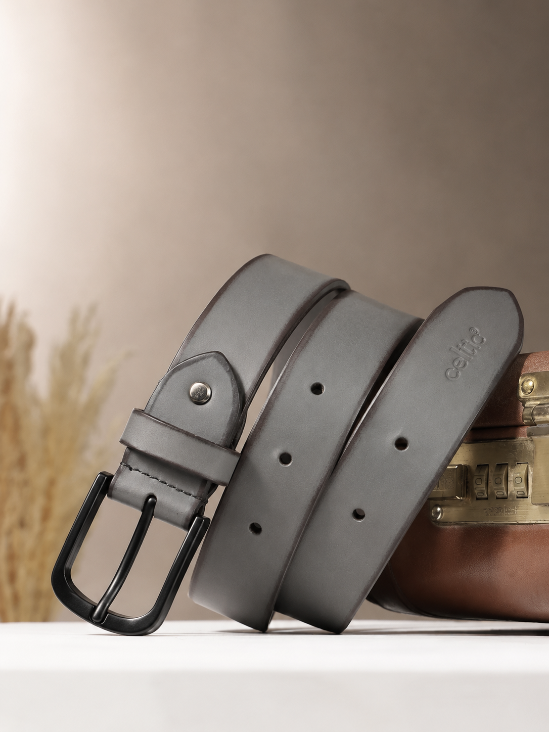 Unisex Genuine Leather Grey Waist Accessory Matte Metal Buckle Formal Casual Wear