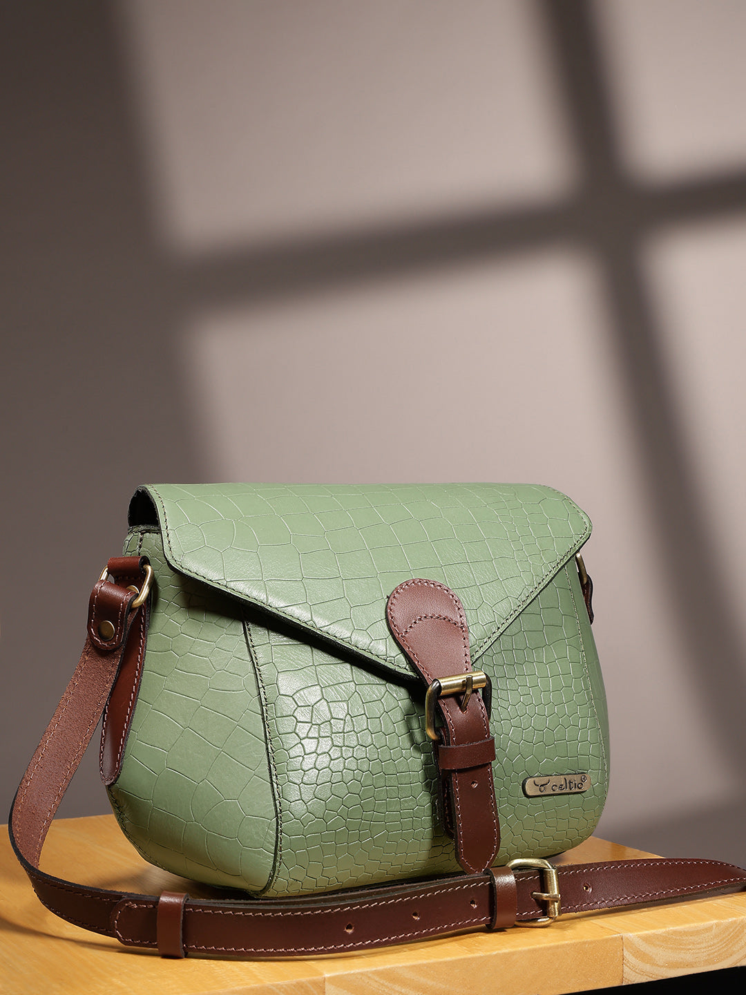 Croc-Texture Structured Sling Bag with Buckle Flap