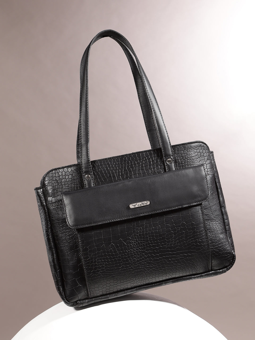 Premium Genuine Croc-Embossed Leather Tote Bag with Zip Compartments & Long Shoulder Straps
