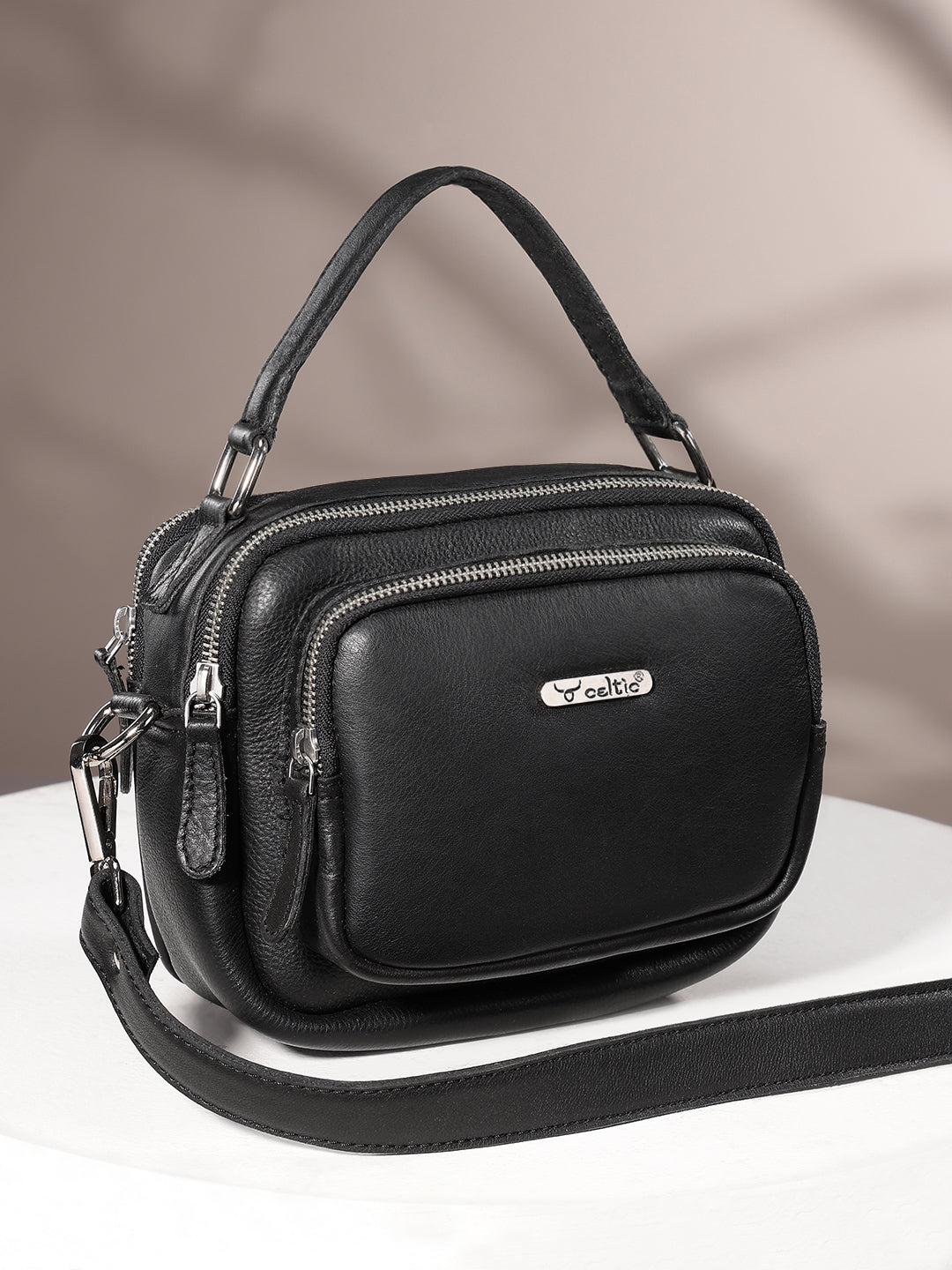 Premium Genuine Leather Crossbody Bag with Dual Zip Pockets & Strap
