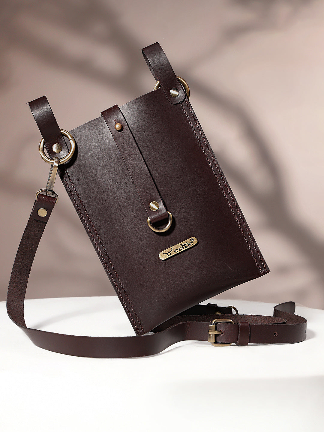 Genuine Leather Crossbody Phone Pouch with Adjustable Strap – Dark Brown