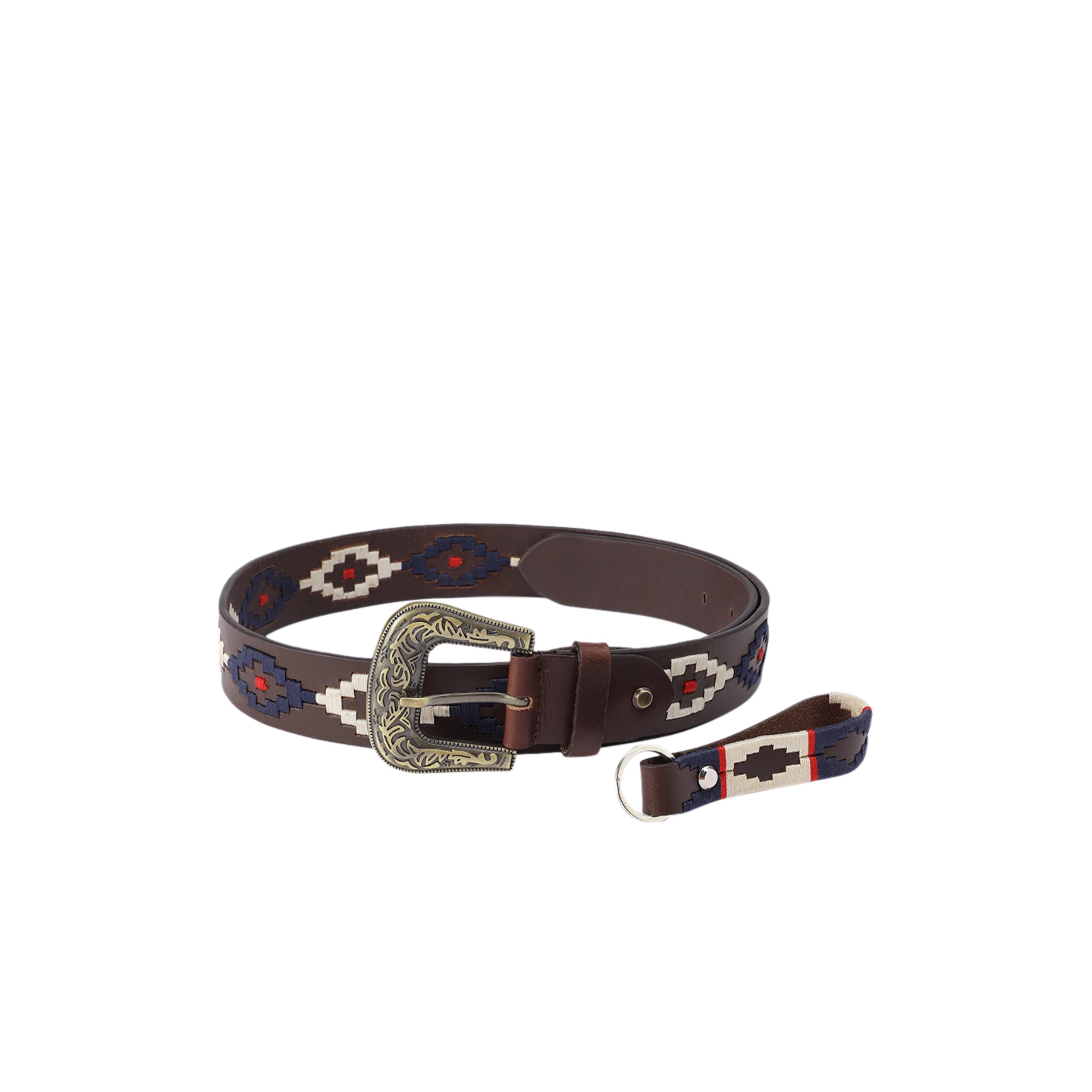 Unisex Handcrafted premium Leather Belt With Geometric Fabric Inlay And Antique Metal Buckle