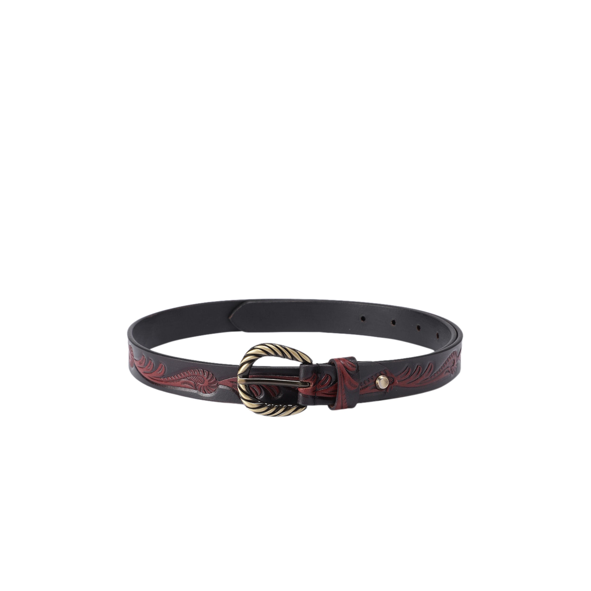 Premium Genuine Leather Black Red Embossed Western Waistbelt Twisted Brass Buckle