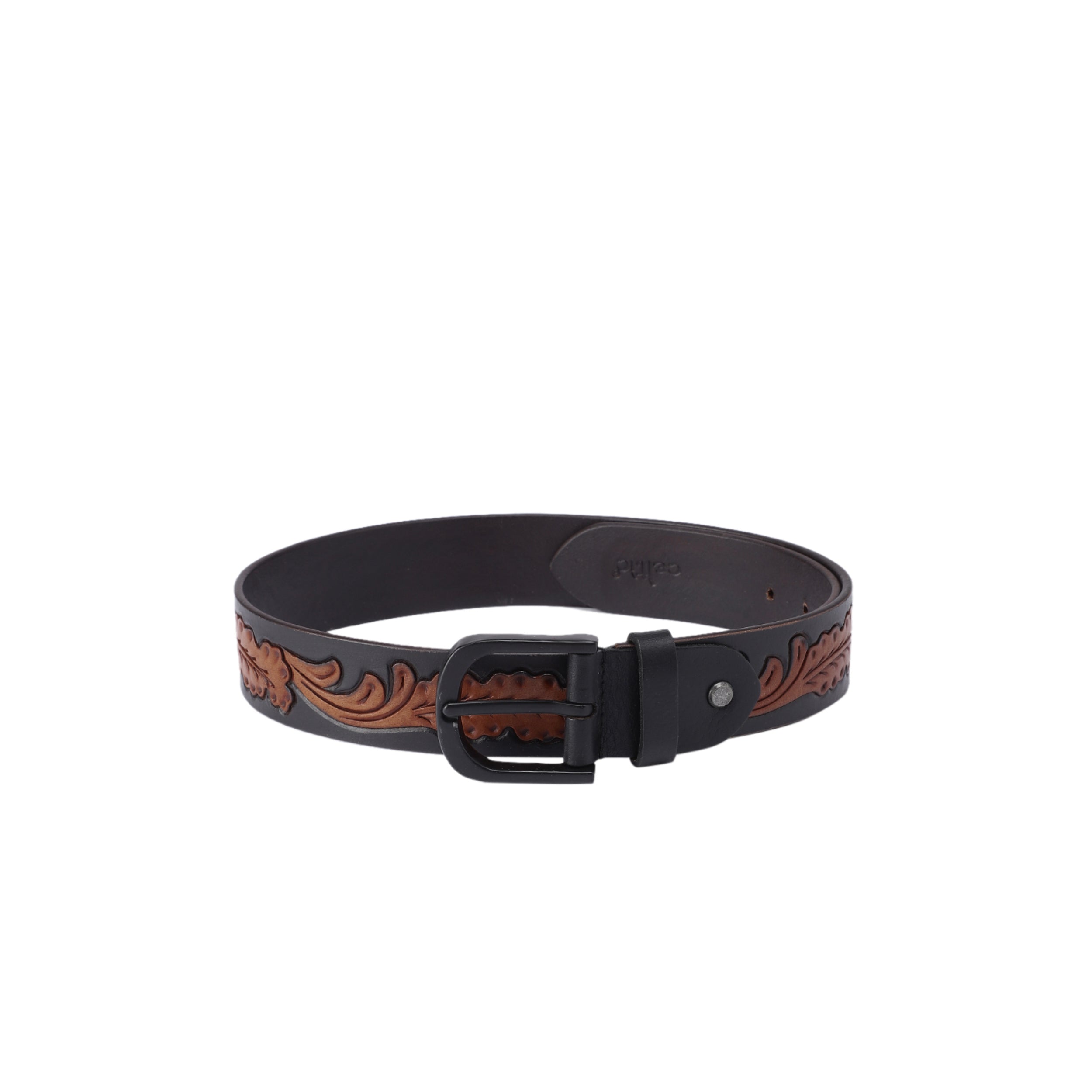 Premium Black Leather Belt Featuring Carved Brown Leaf Pattern With Matte Buckle