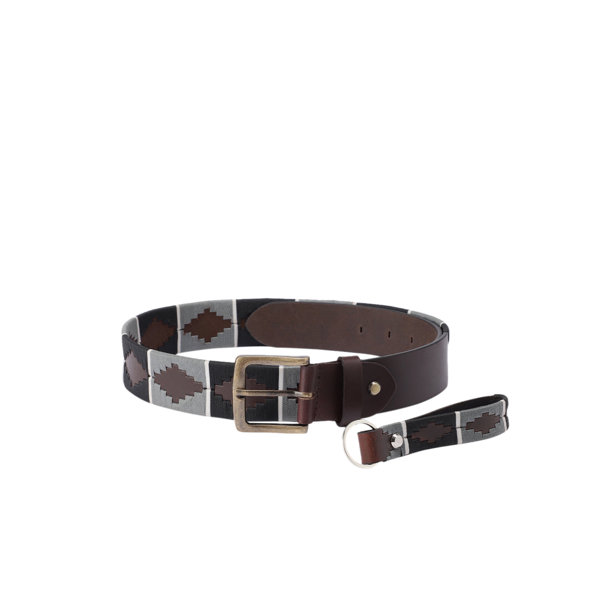 Unisex Handcrafted Brown Leather Belt With Grey Woven Inlay And Vintage Brass Buckle