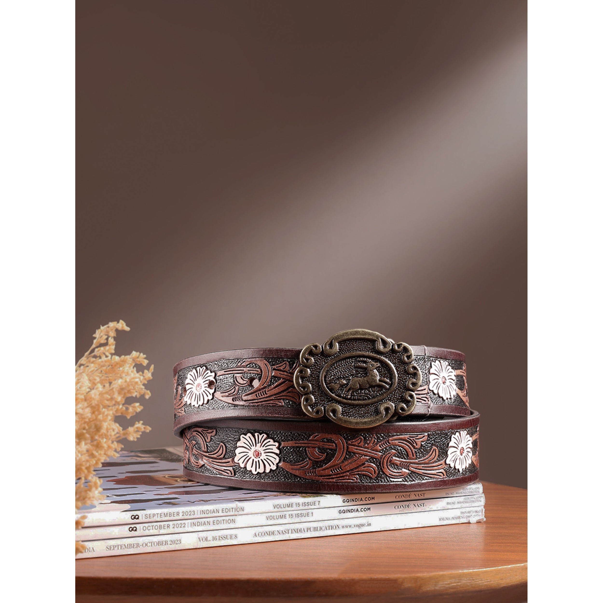 Unisex Genuine Leather Western Brown Embossed Floral Waist Accessory Antique Buckle