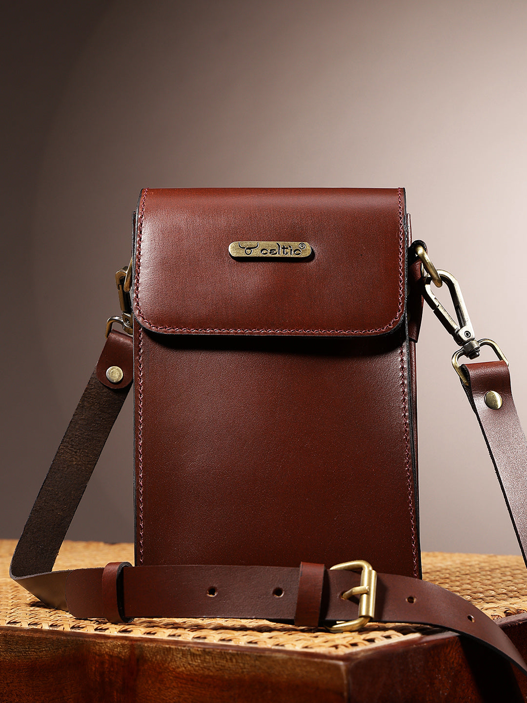 Celtic Genuine Leather Crossbody Phone Pouch with Magnetic Flap