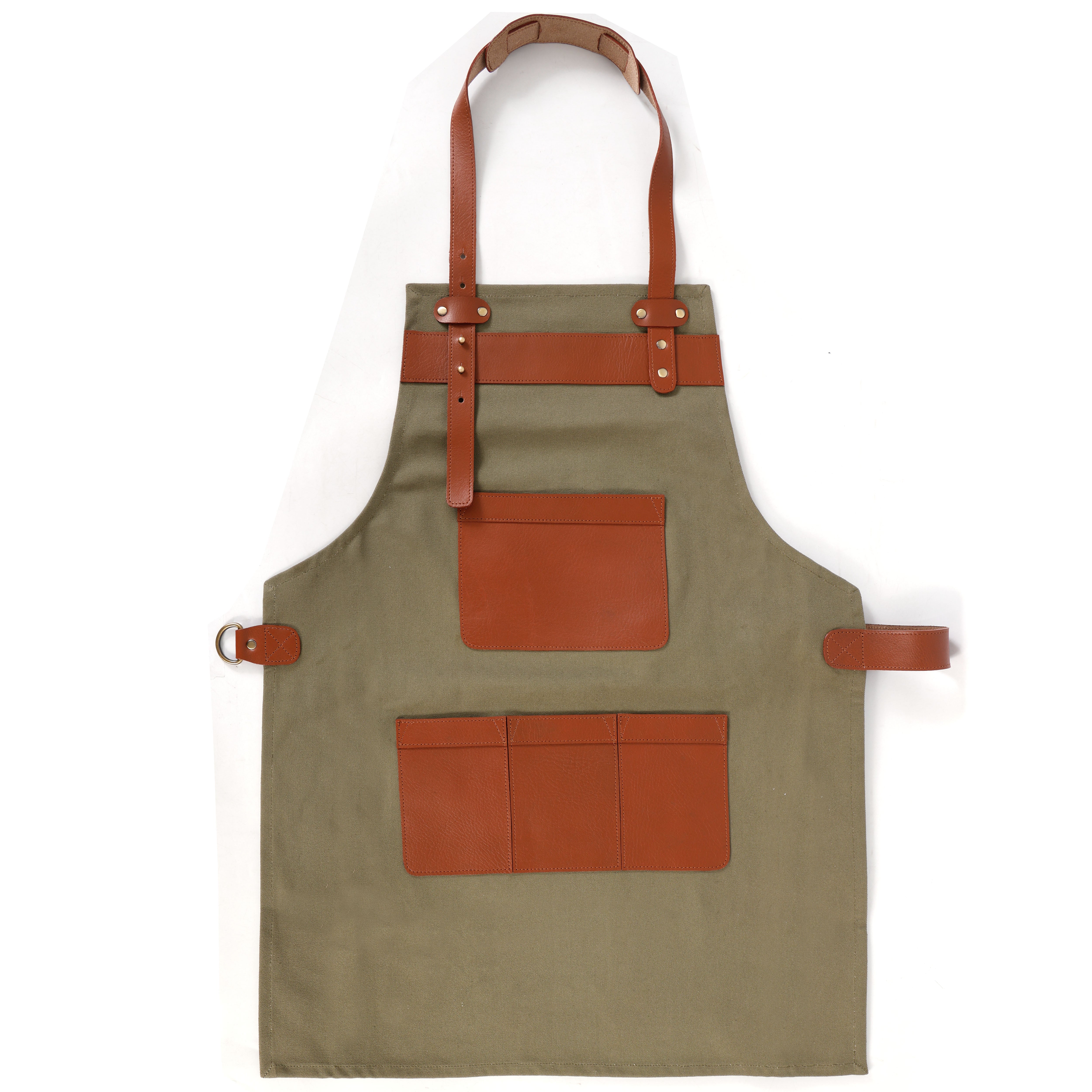 Premium Genuine Leather & Canvas Bib Apron – Tan & Green With Multiple Pocket