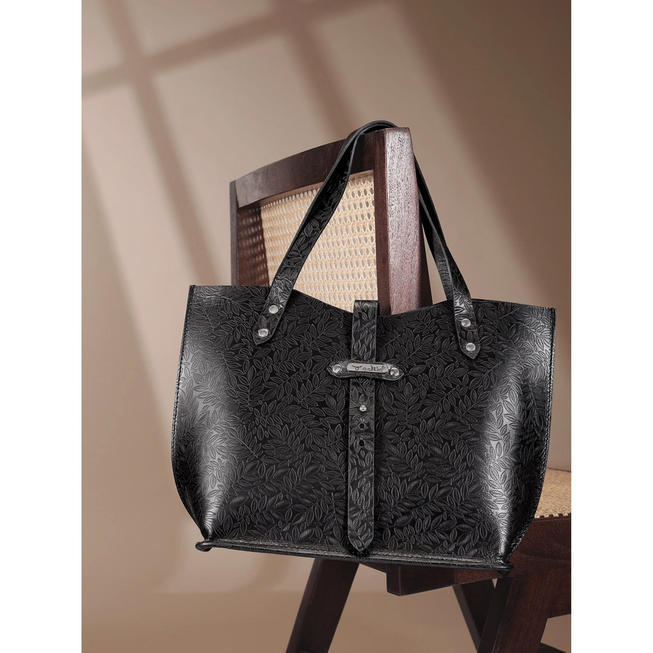 Premium Genuine Black Embossed Leather Tote Bag for Women