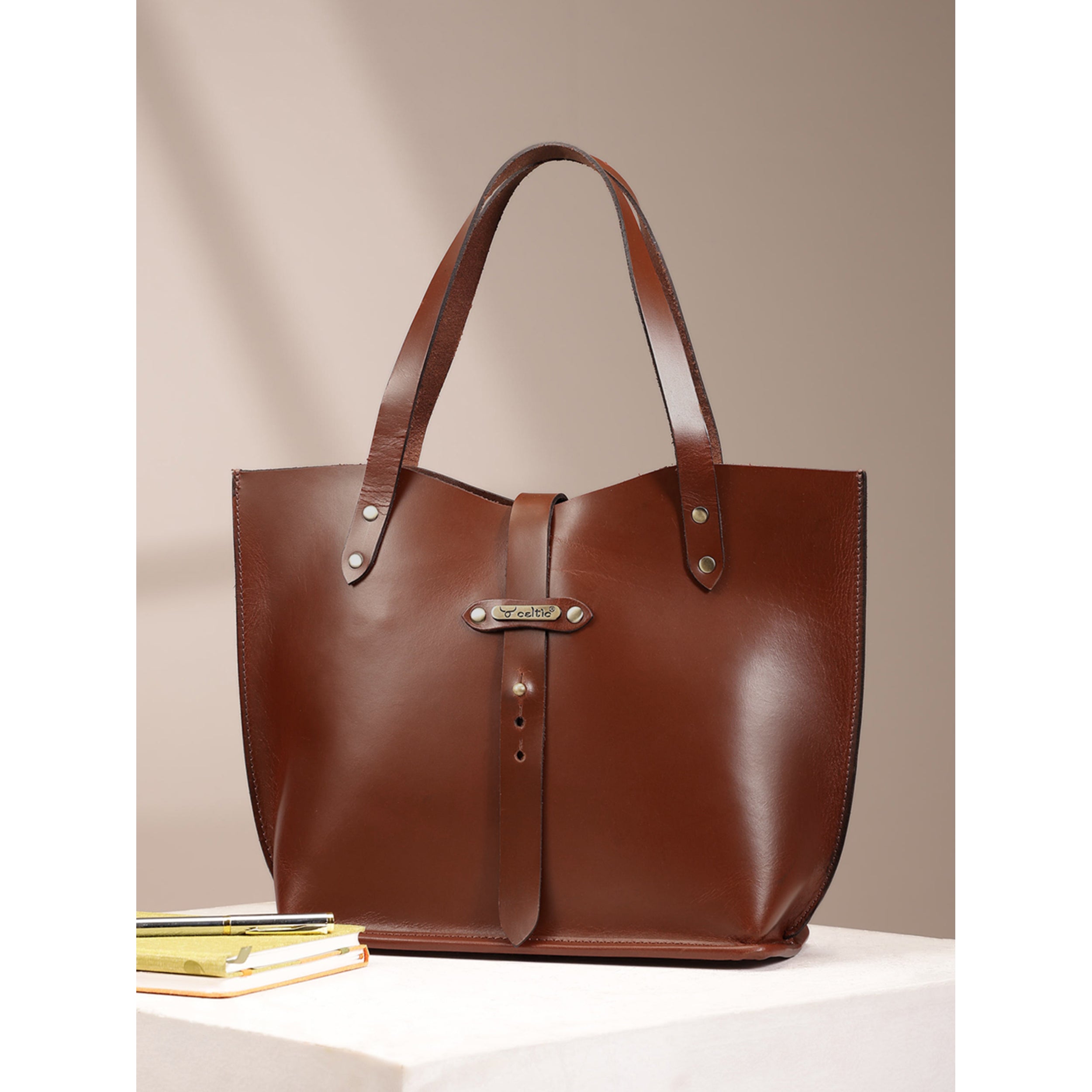 Premium Genuine Leather Tote Bag with Riveted Handles and Spacious Interior Pocket