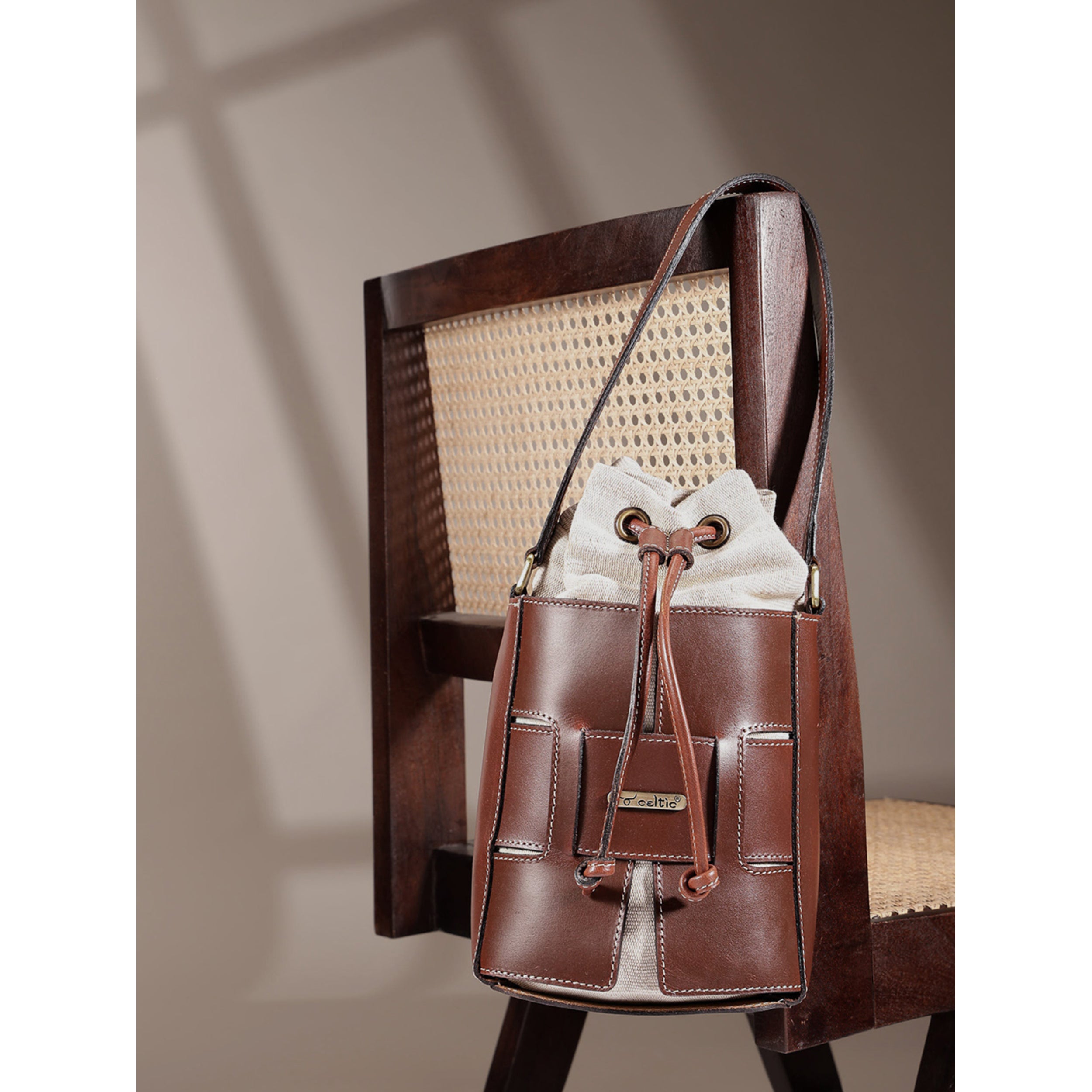 Premium Genuine Brown Leather Bucket Bag with Shearling Interior Stylish & Durable