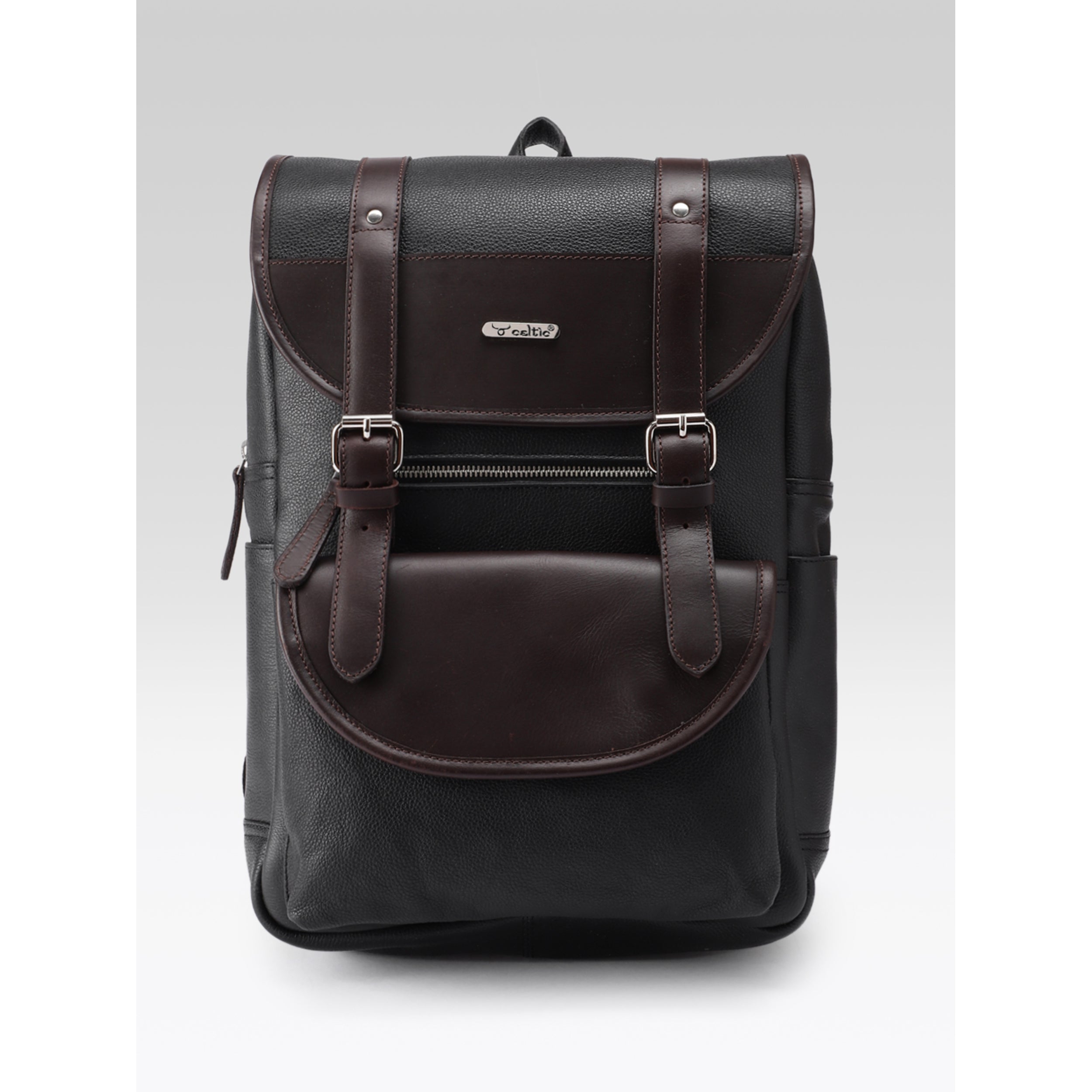 Premium Genuine Leather Laptop Backpack with Dual Buckle Design, Multiple Zip Pockets