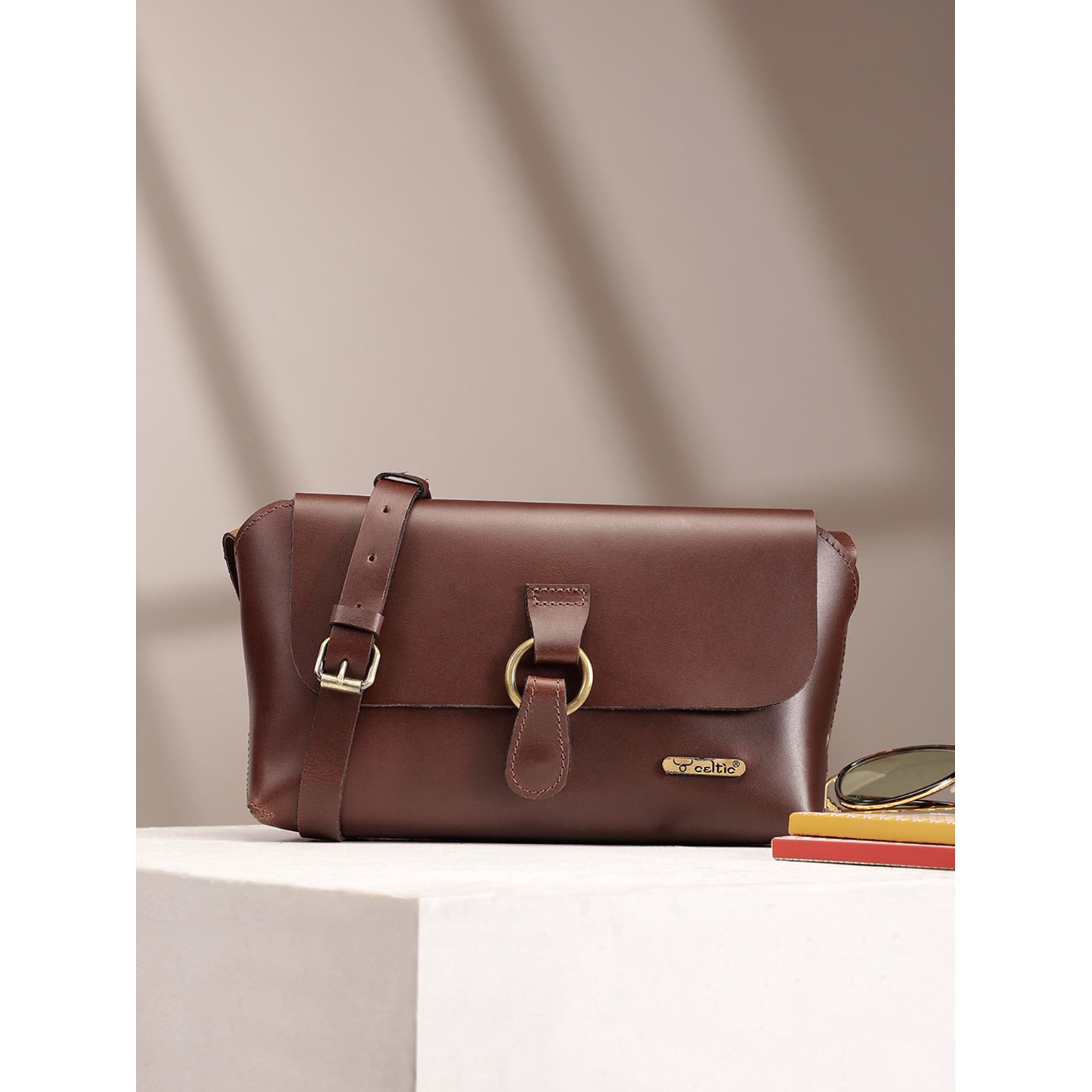 Premium Genuine Leather Sling Bag with Ring-Flap Design