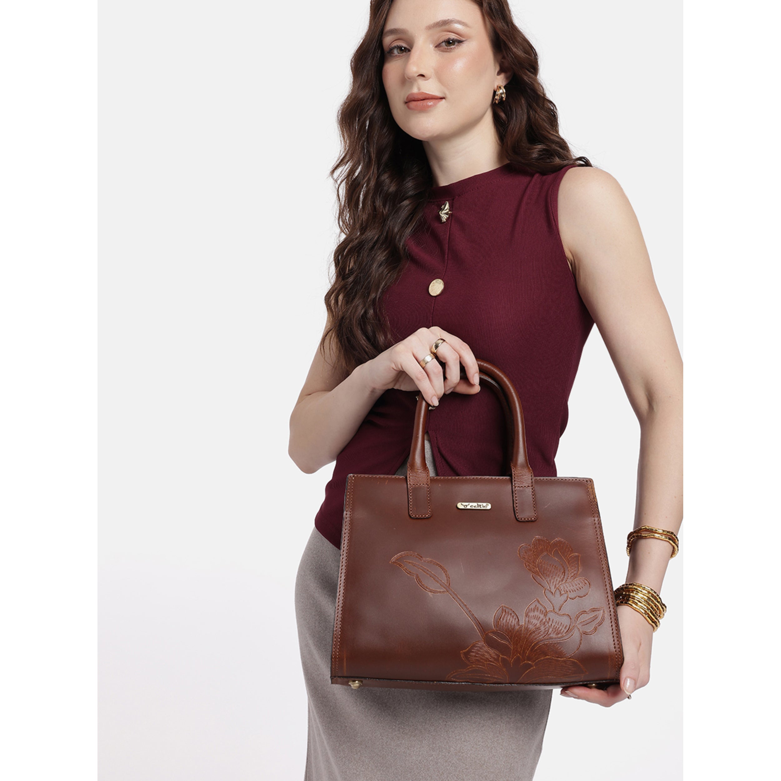 Premium Genuine Leather Tote with Floral Embossing, Top Handles, Zip Closure