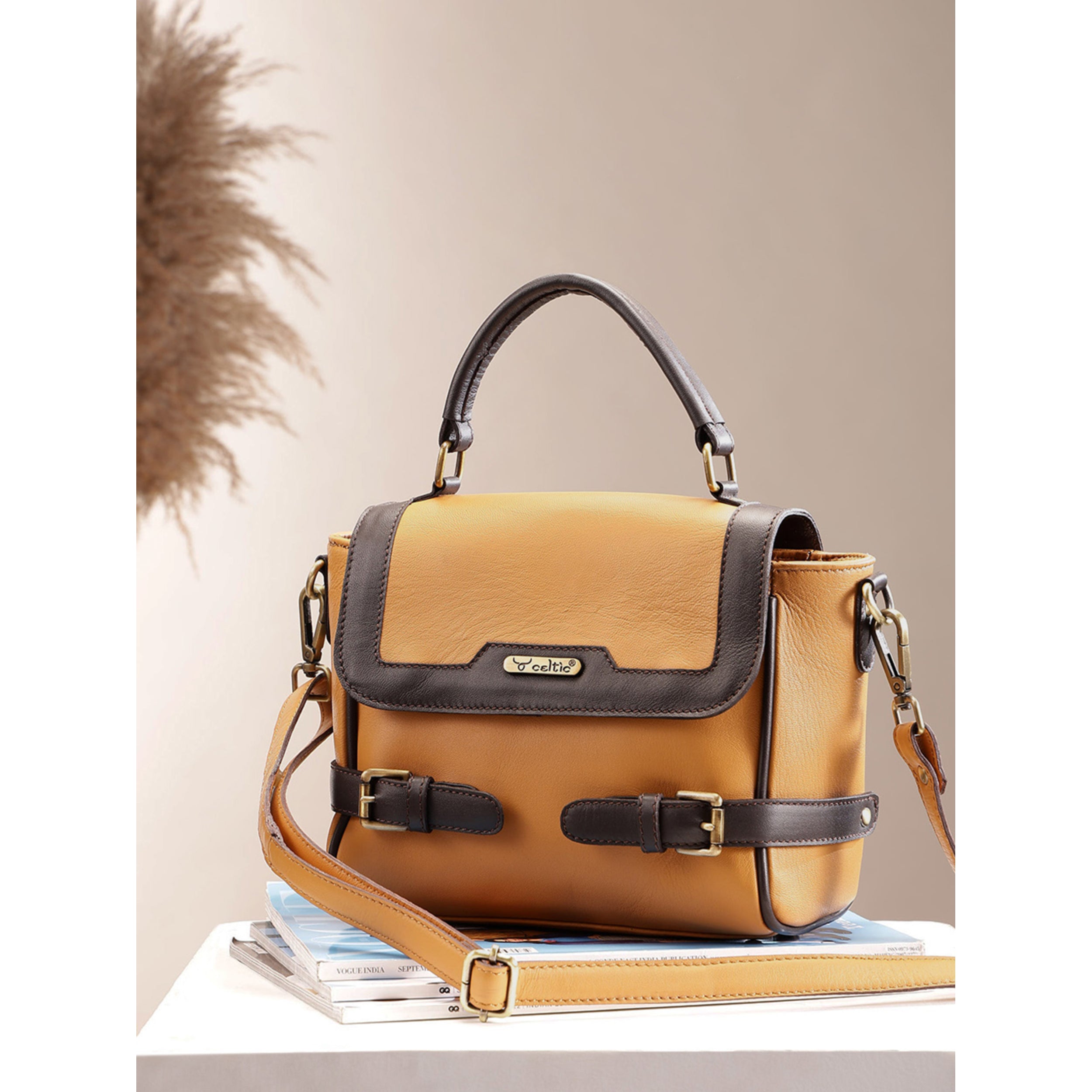 Premium Genuine Brown Leather Top Handle Handbag with Adjustable Strap