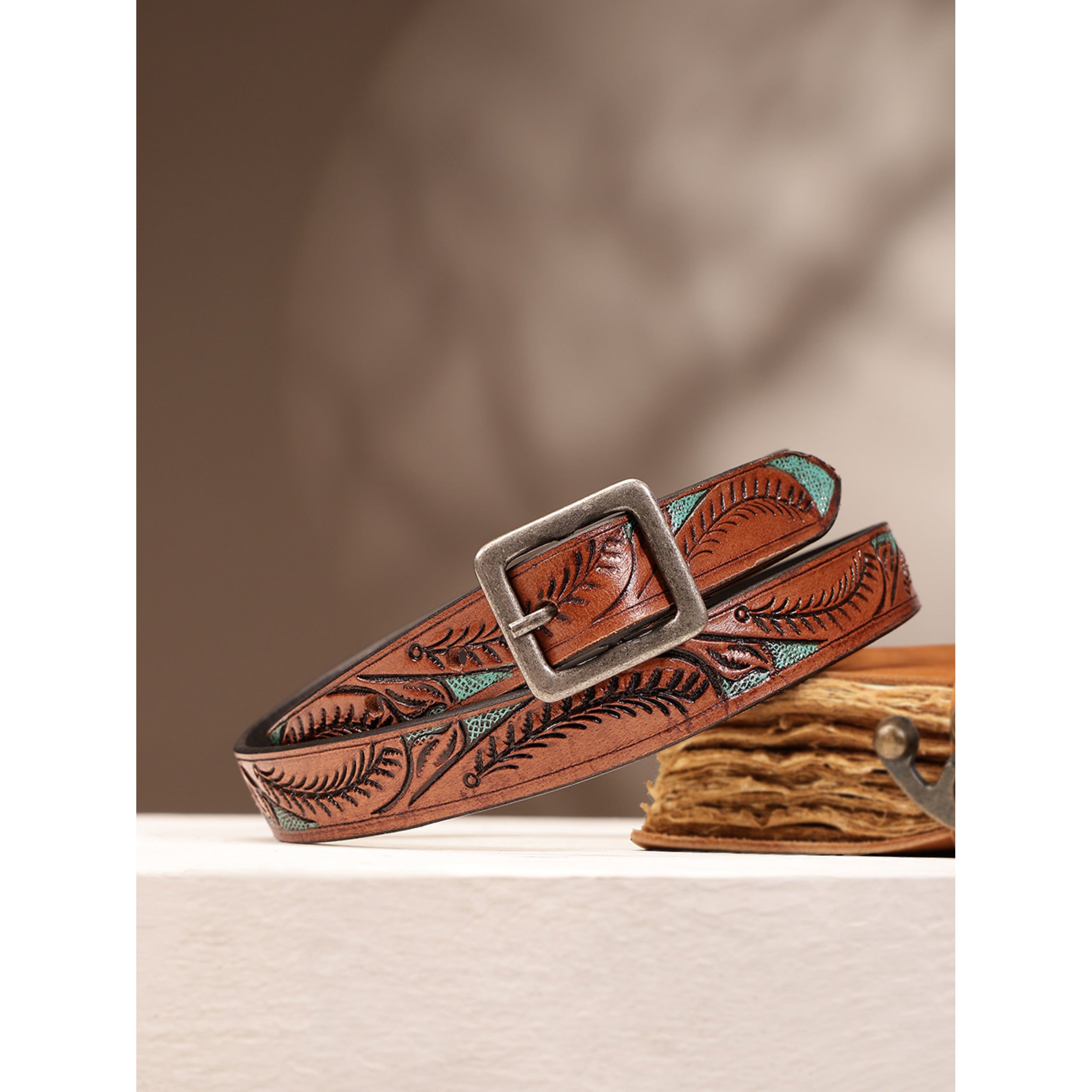 Premium Genuine Leather Brown Leaf Embossed Turquoise Inlay Western Waistbelt Square Buckle