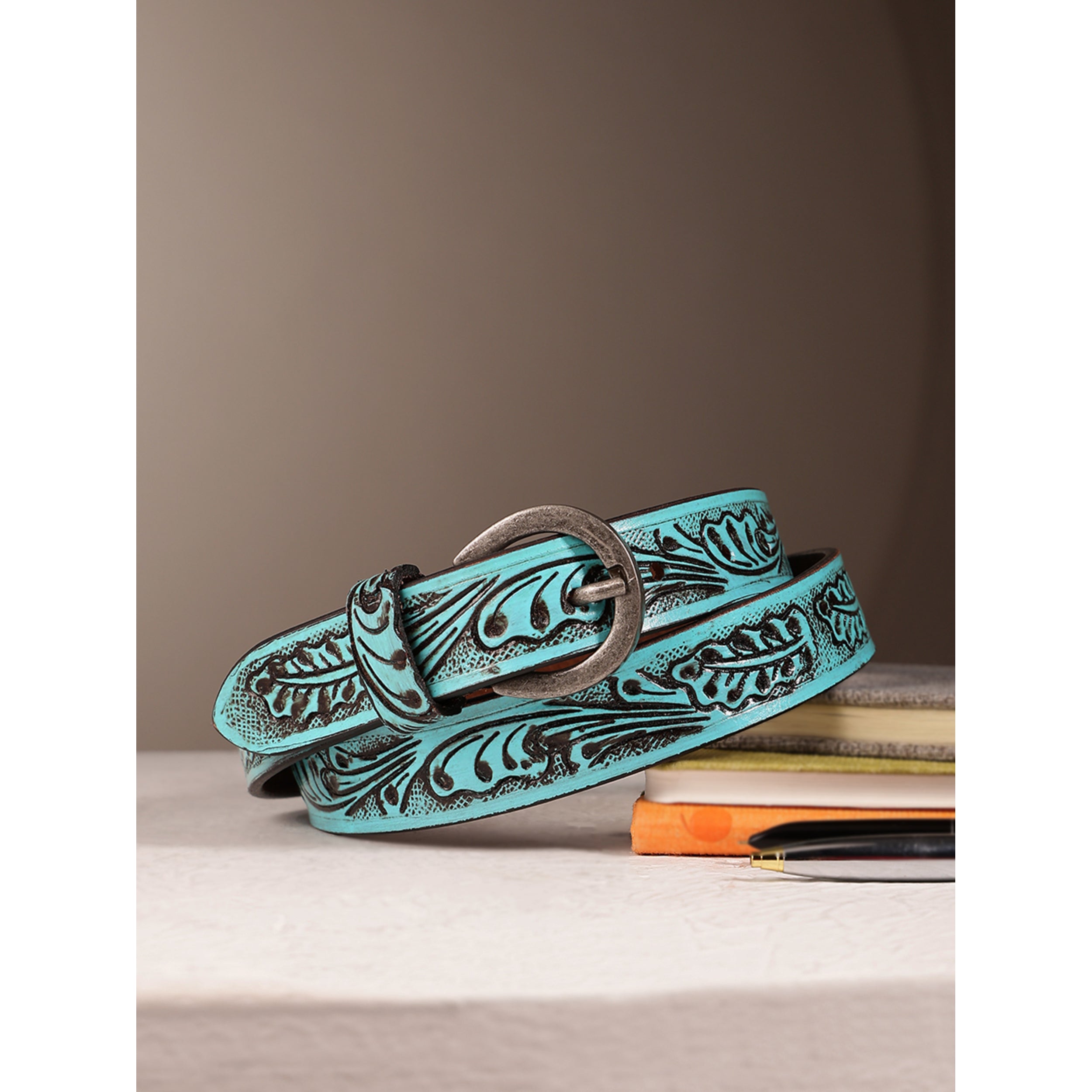 Women Genuine Leather Embossed Turquoise Floral Western Waist Accessory Silver Buckle