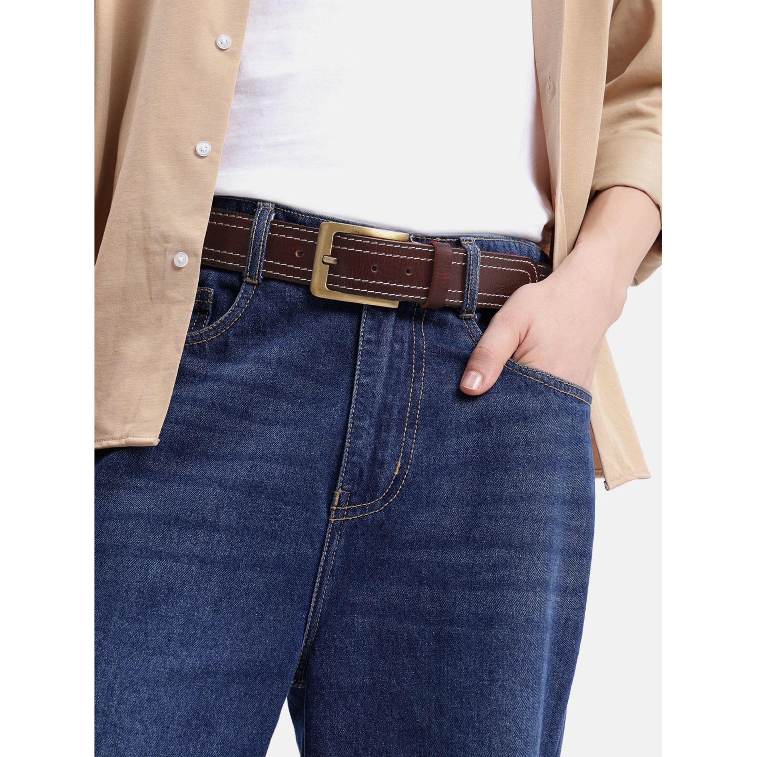 Unisex Genuine Leather Maroon Belt With Contrast Stitching and Brass Buckle