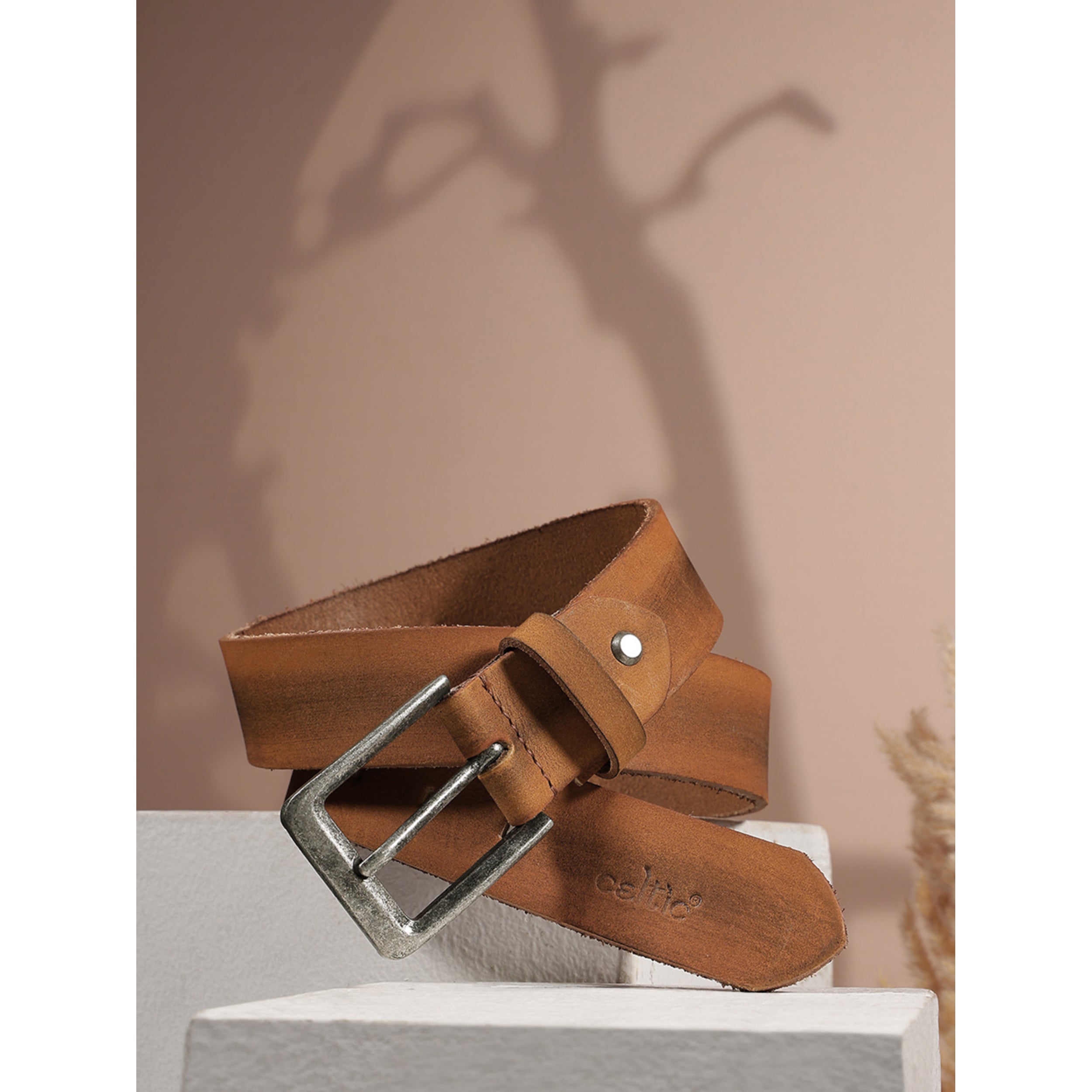 Unisex Genuine Leather Tan Waist Accessory Antique Buckle Formal Casual Style