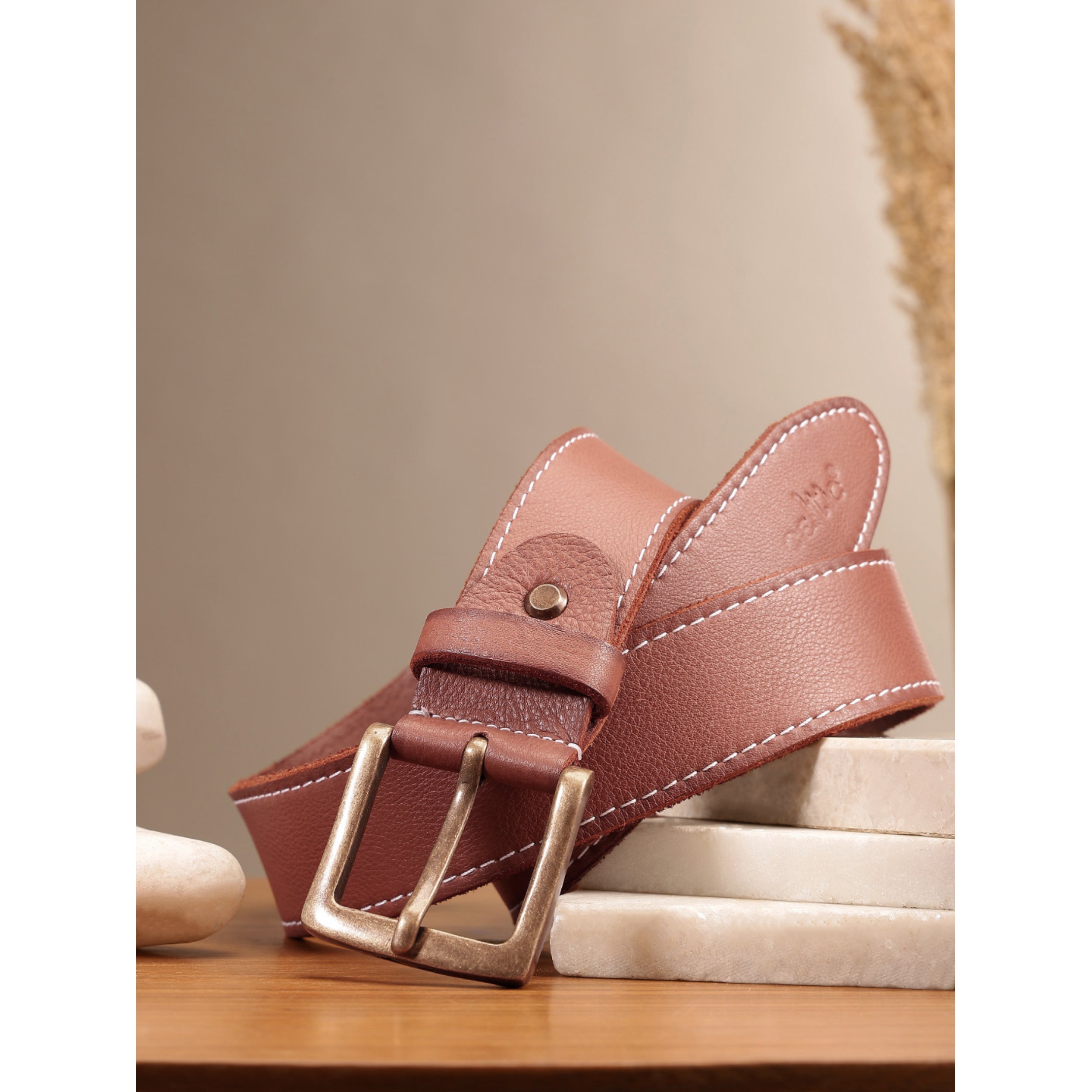 Women Genuine Leather Tan Belt Silver Buckle Contrast Stitching Casual Formal