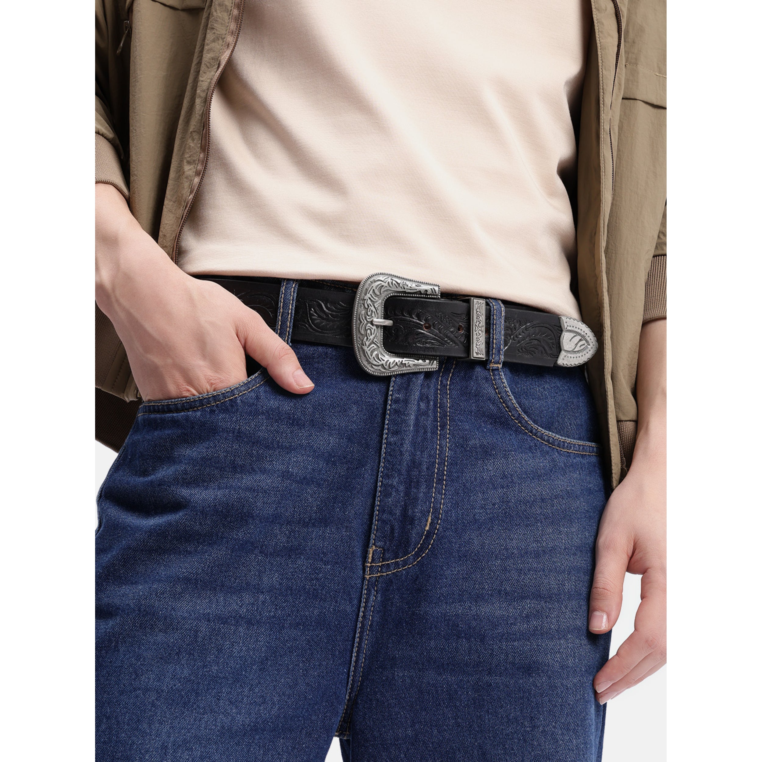 Men Genuine Leather Embossed Black Western Waist Accessory Ornate Buckle Tip