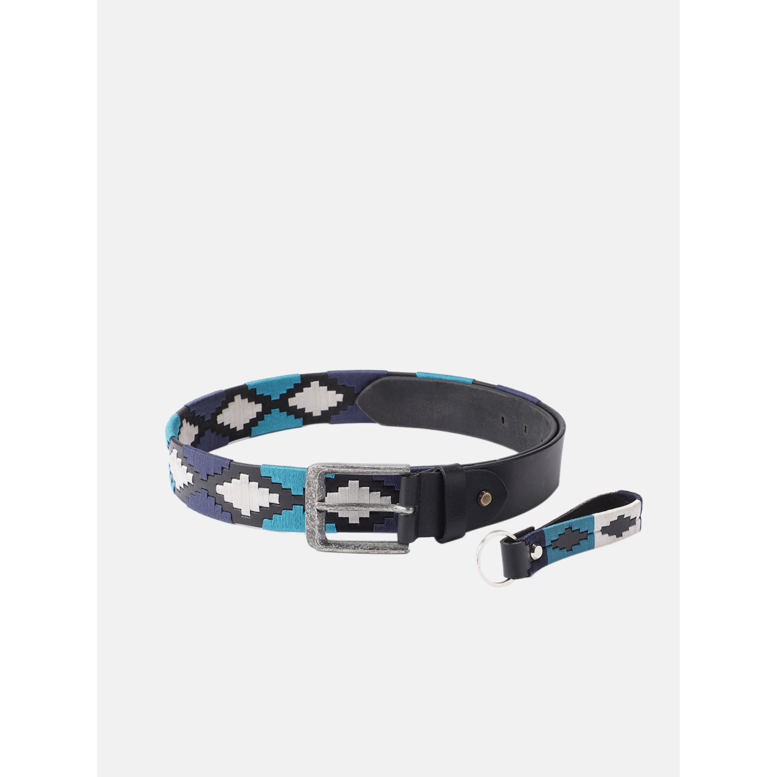 Unisex Handcrafted Leather Belt With Woven Blue White Pattern And Antique Silver Buckle