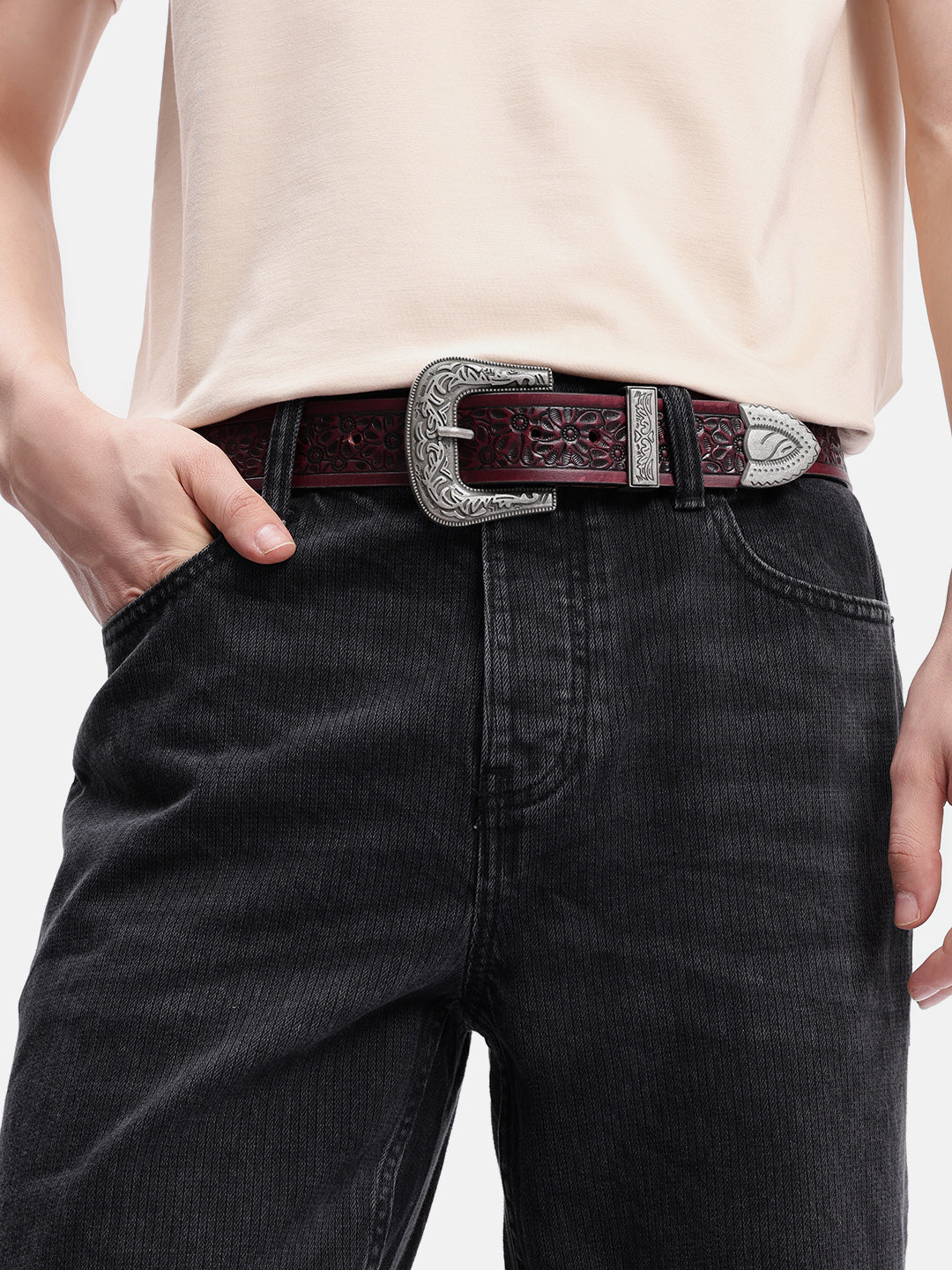 Vintage Floral Embossed Leather Belt With Ornate Silver Buckle For Men