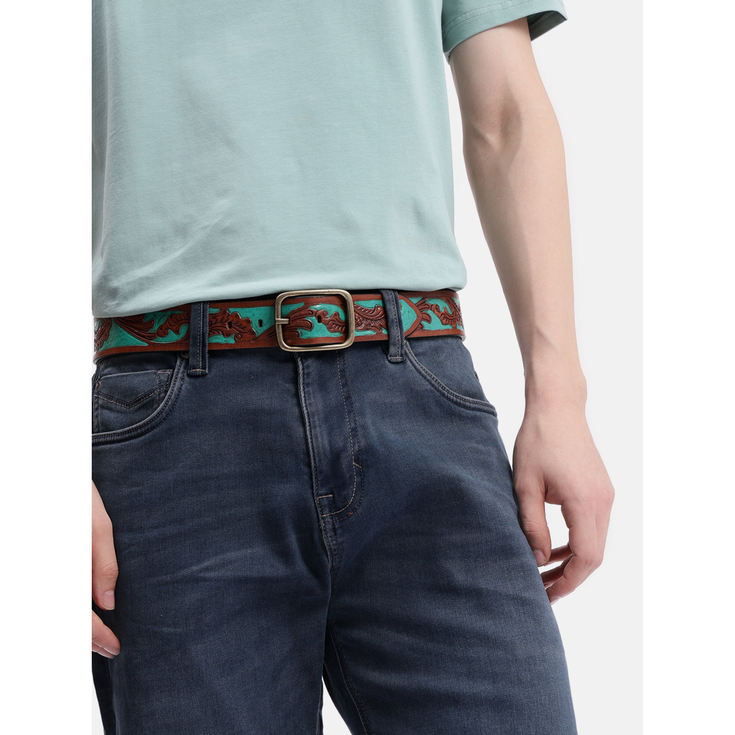 Genuine Leather Embossed Floral Brown Teal Waist Accessory Antique Metal Buckle