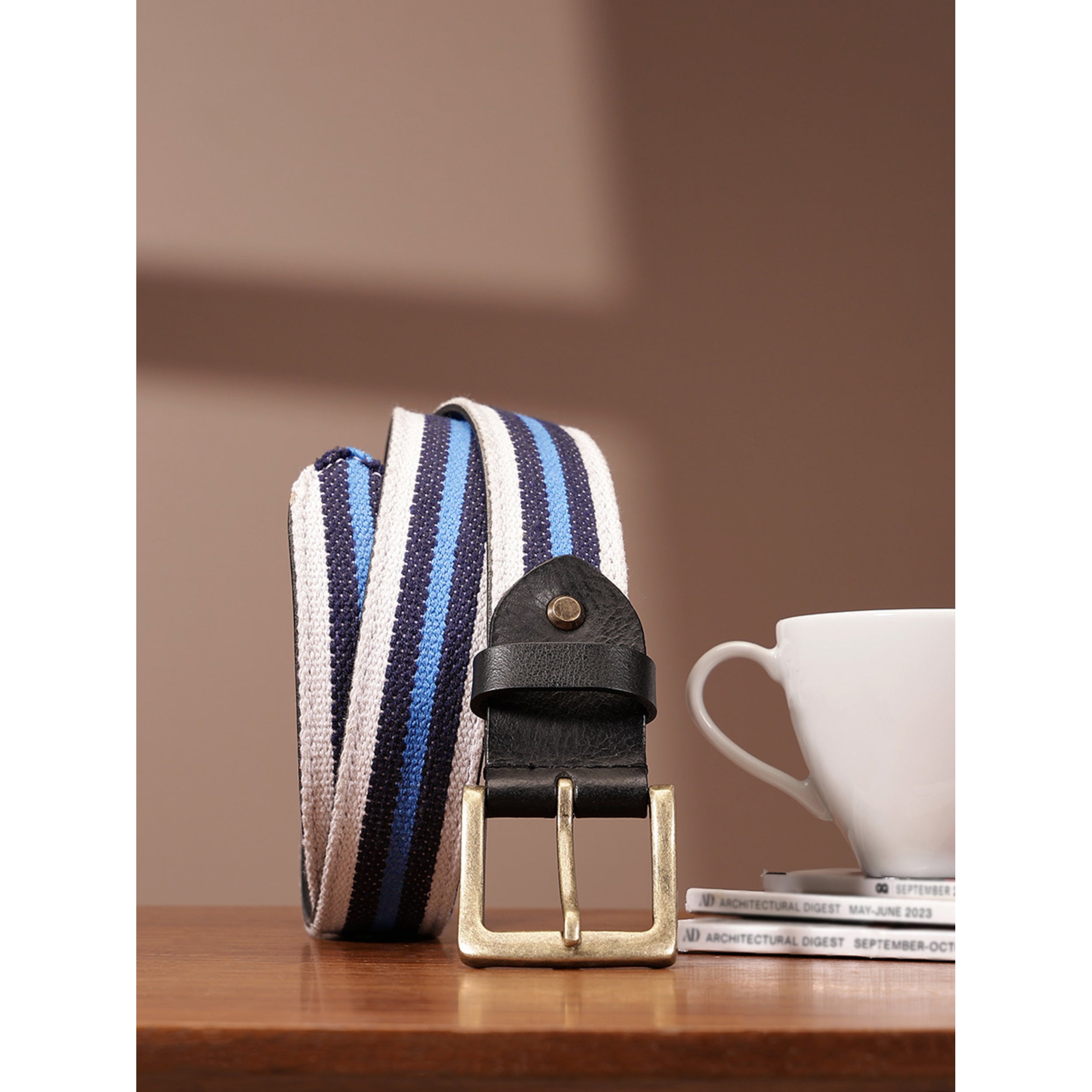 Unisex Genuine Leather Canvas Blue White Striped Waist Accessory Brass Buckle Casual