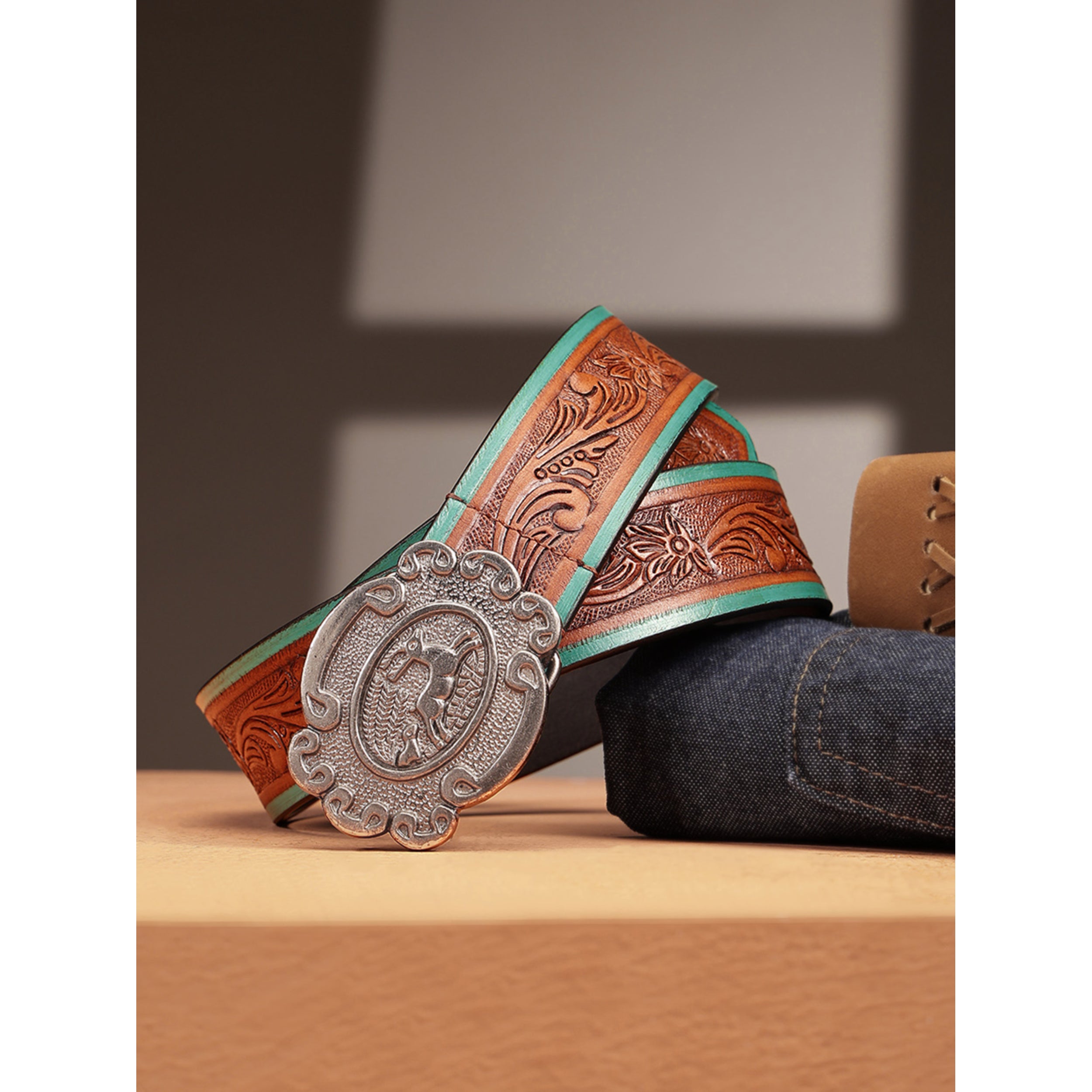 Premium Genuine Leather Embossed Floral Brown Teal Western Waist Accessory Antique Buckle