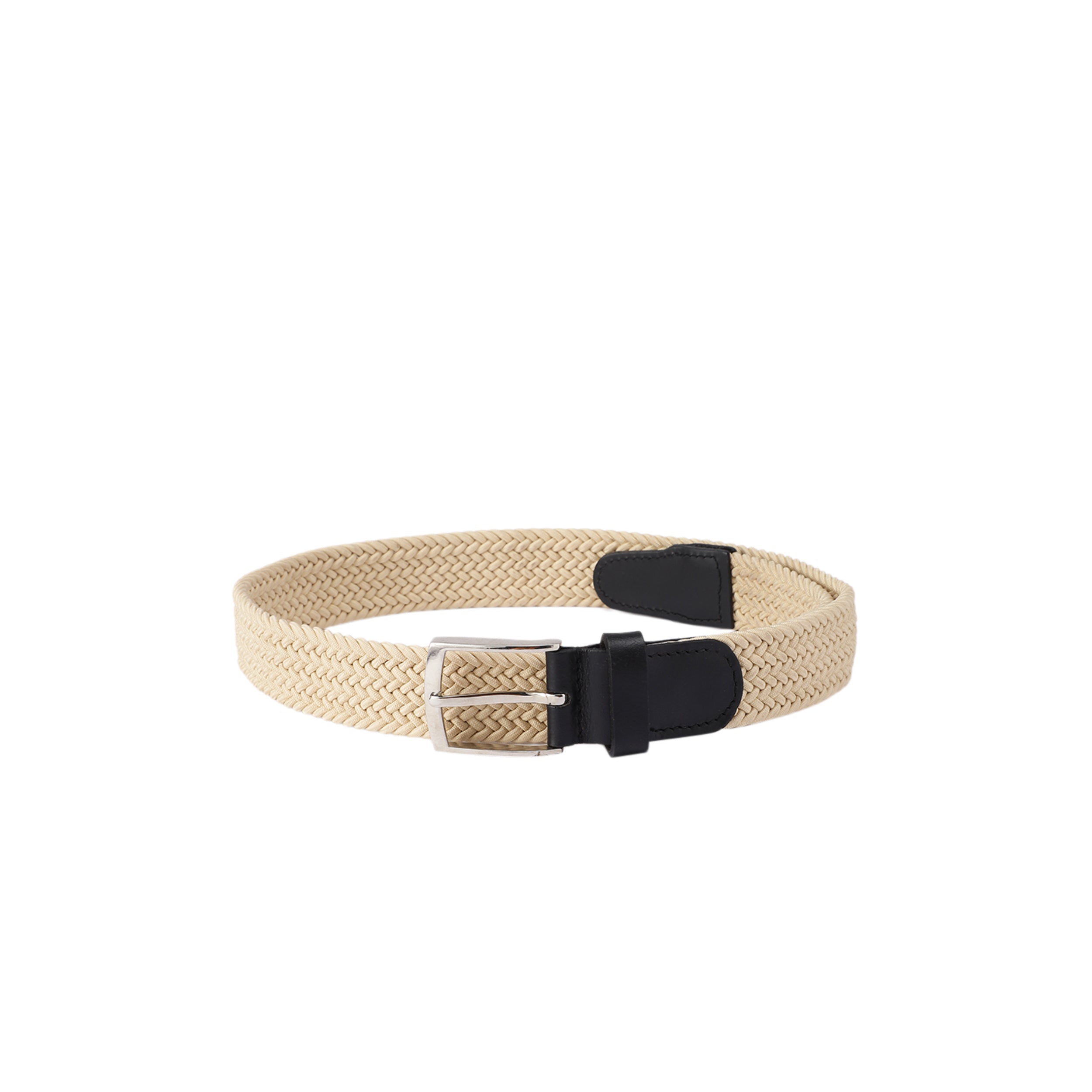 Unisex Woven Beige Belt With Black Leather Tip Silver Buckle Casual Formal Wear