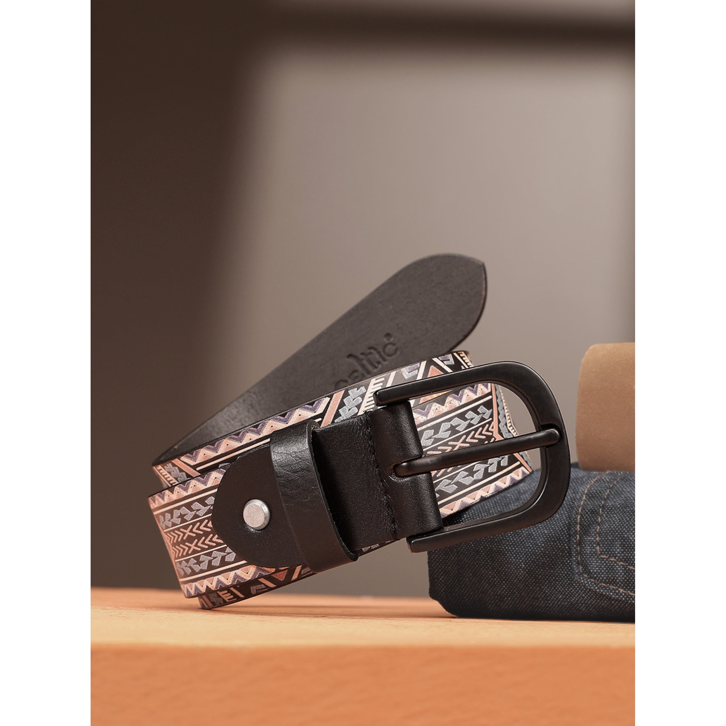 Men Genuine Leather Tribal Geometric Multicolor Waist Accessory Matte Buckle