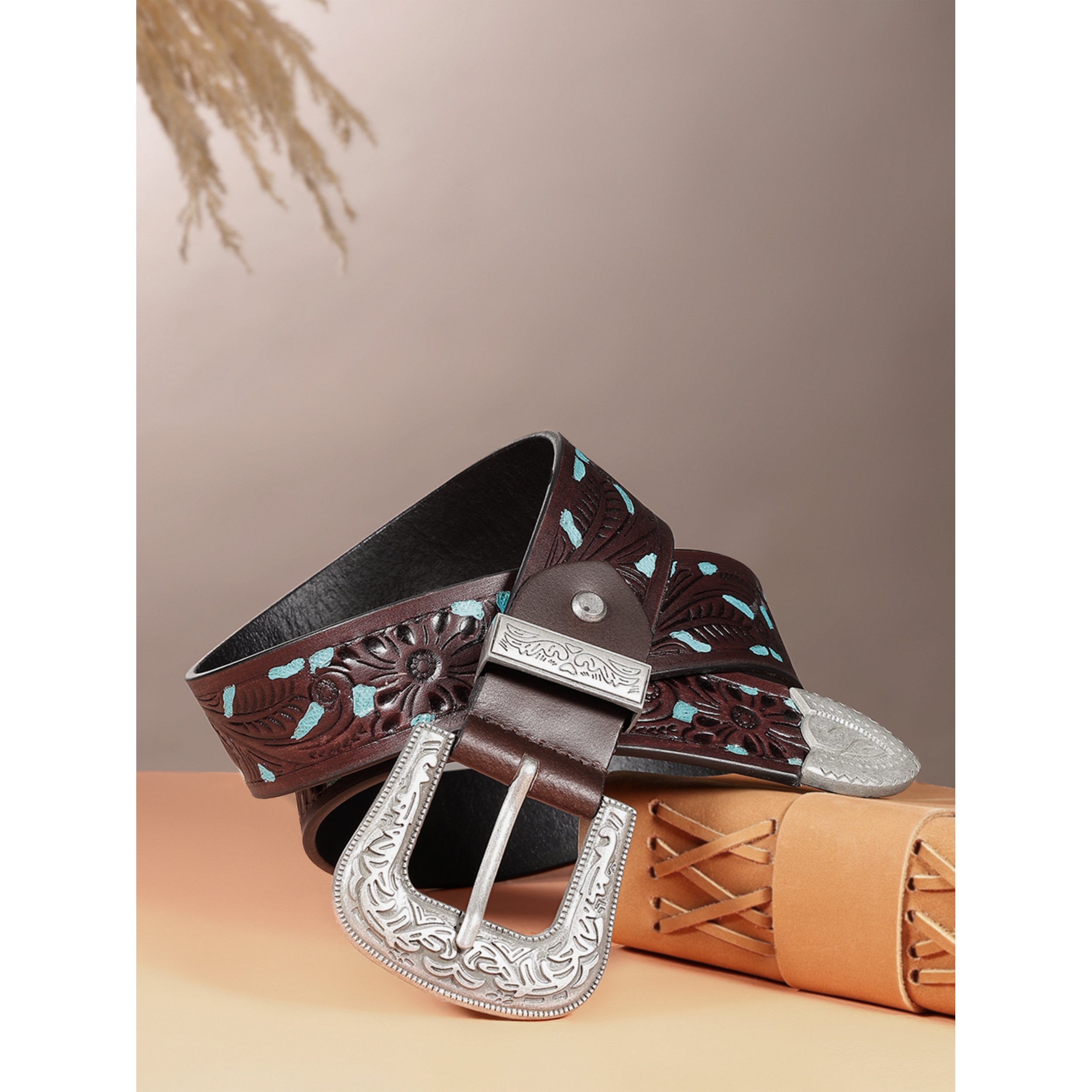 Unisex Genuine Leather Embossed Floral Brown Teal Western Waist Accessory Silver Buckle