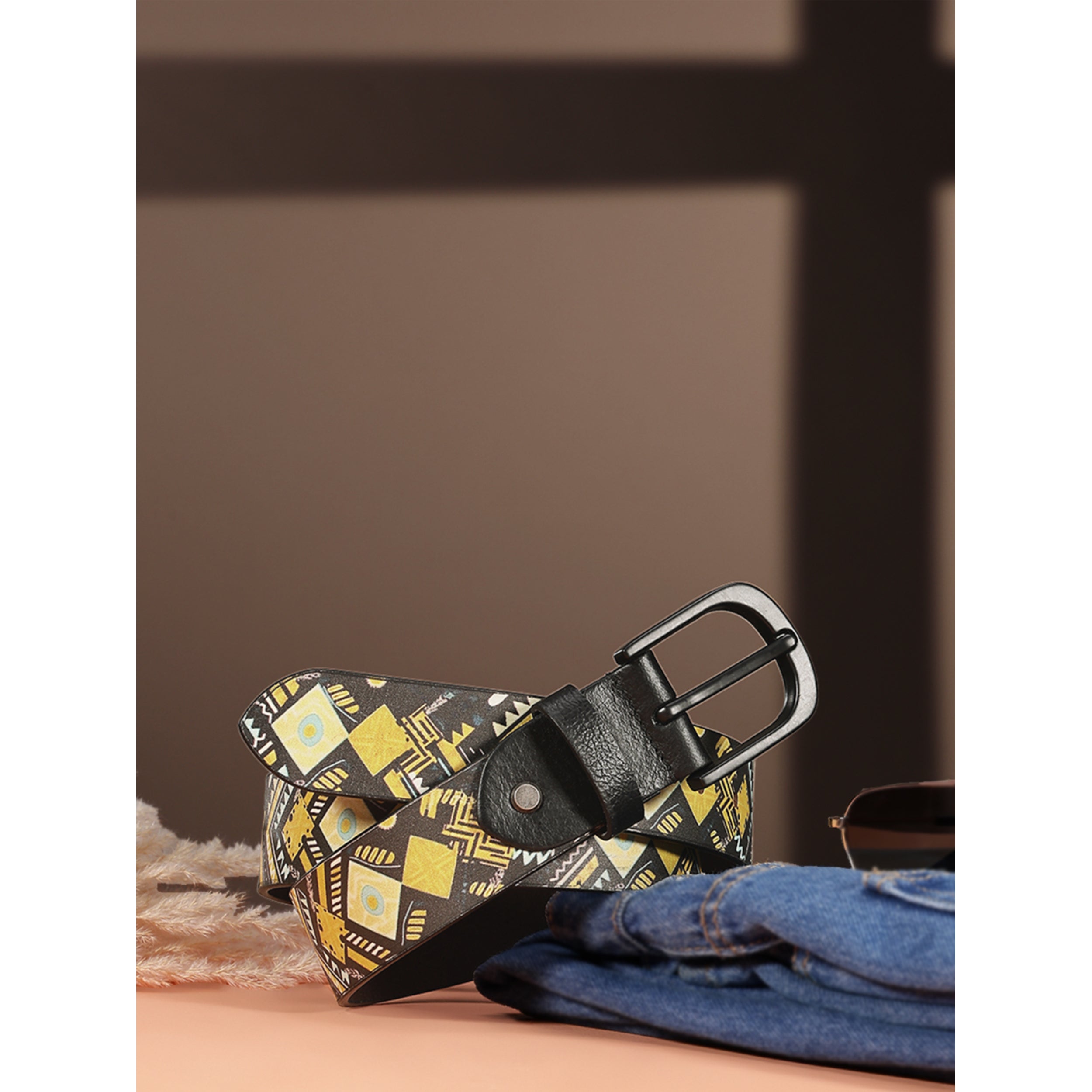 Unisex Genuine Leather Tribal Geometric Yellow Black Waist Accessory Matte Buckle
