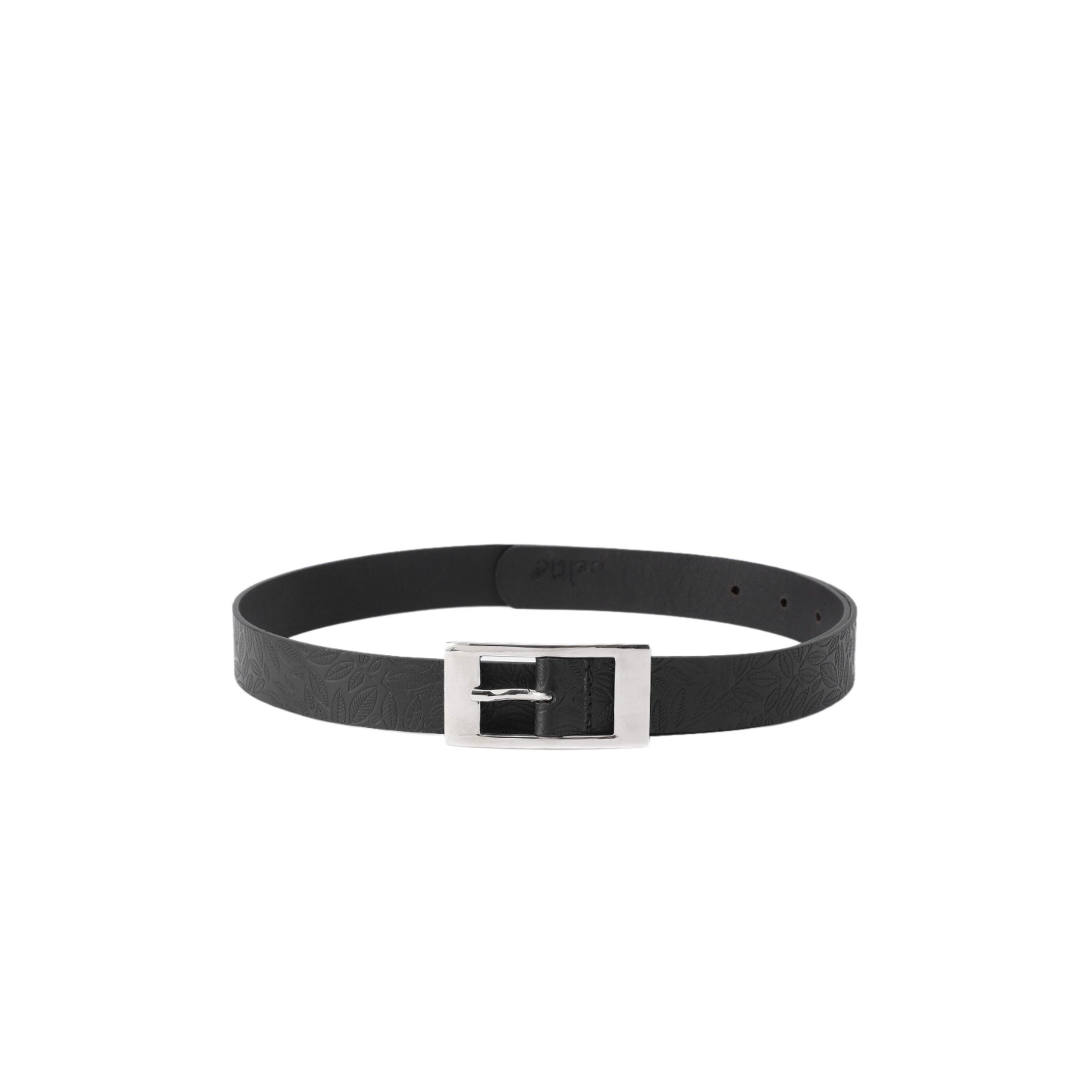 Unisex Black Embossed Leather Belt with Sleek Silver Buckle Leaf Pattern Design
