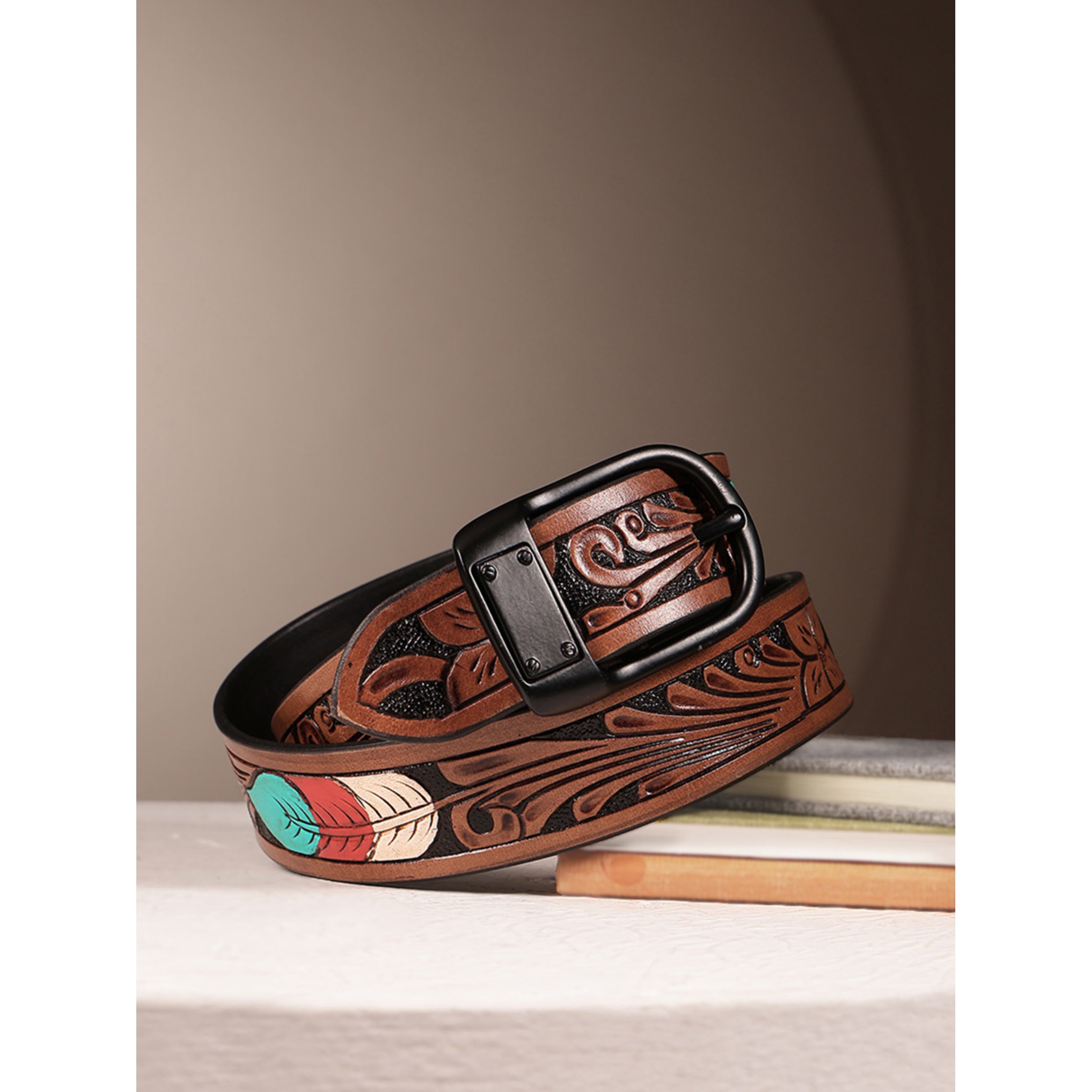 Unisex Genuine Leather Embossed Brown Feather Western Casual Waistbelt Matte Black Buckle