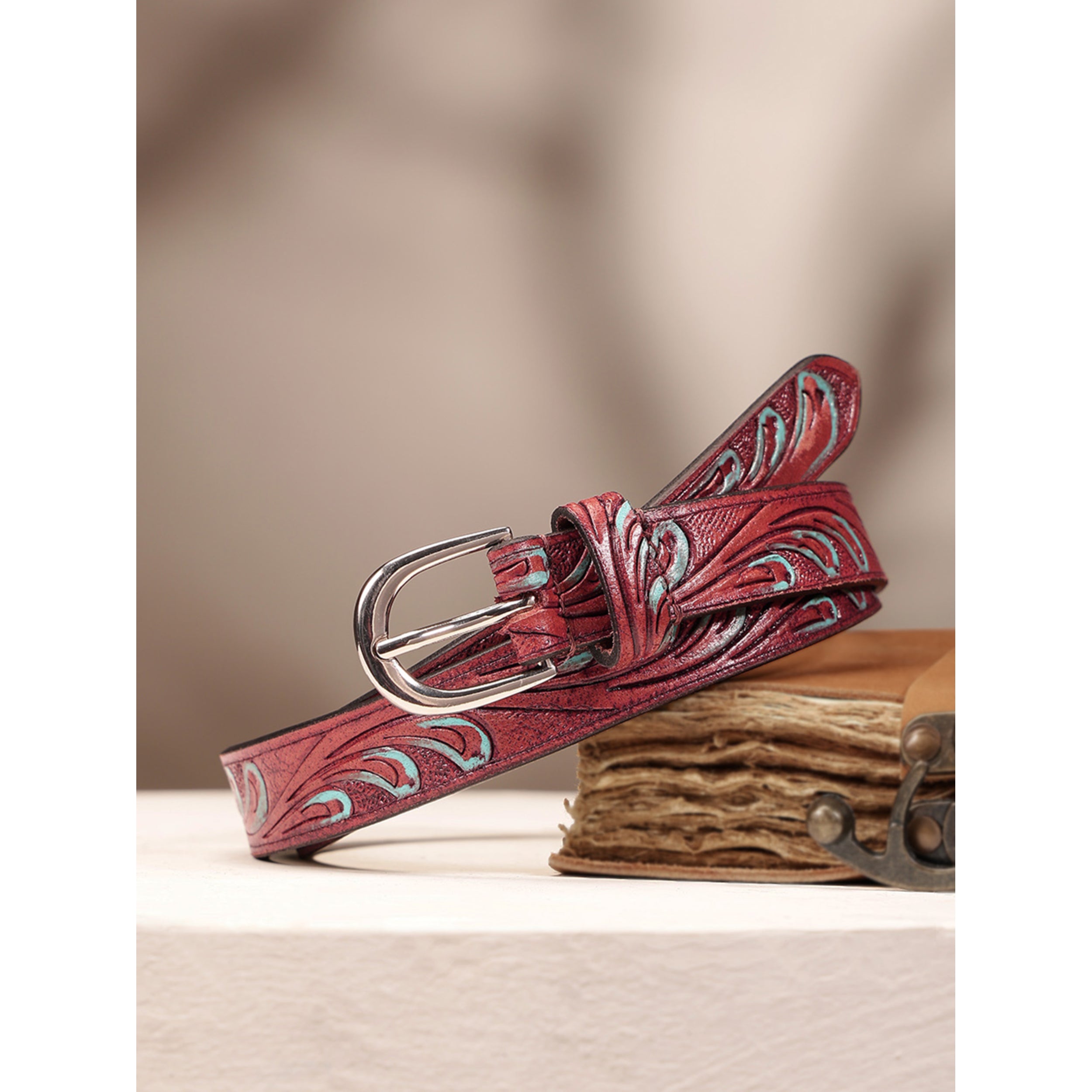 Premium Handcrafted Brown Tooled Leather Waistbelt Turquoise Inlay Vintage Buckle