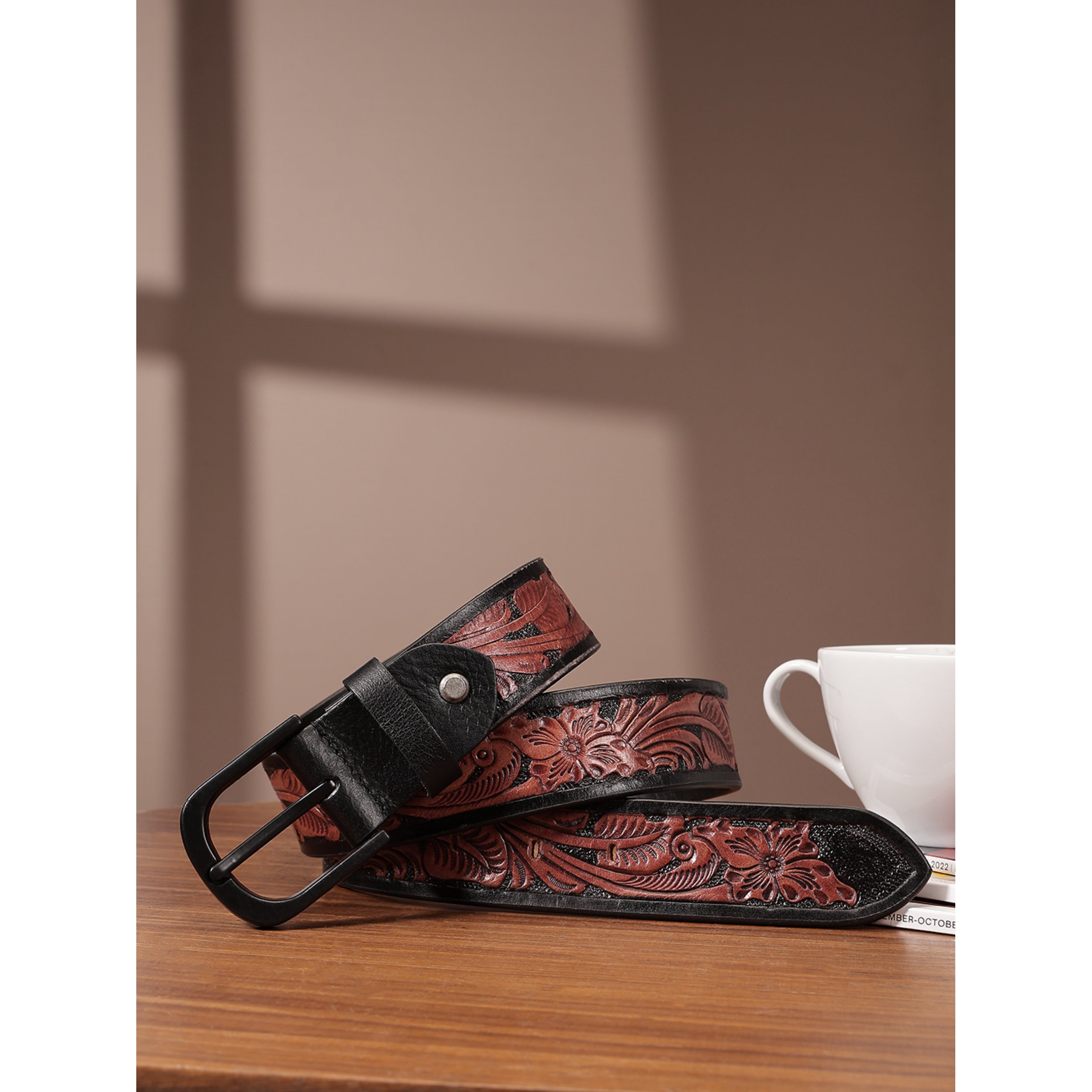 Unisex Handcrafted Floral Embossed Leather Belt With Matte Black Buckle For Casual Wear
