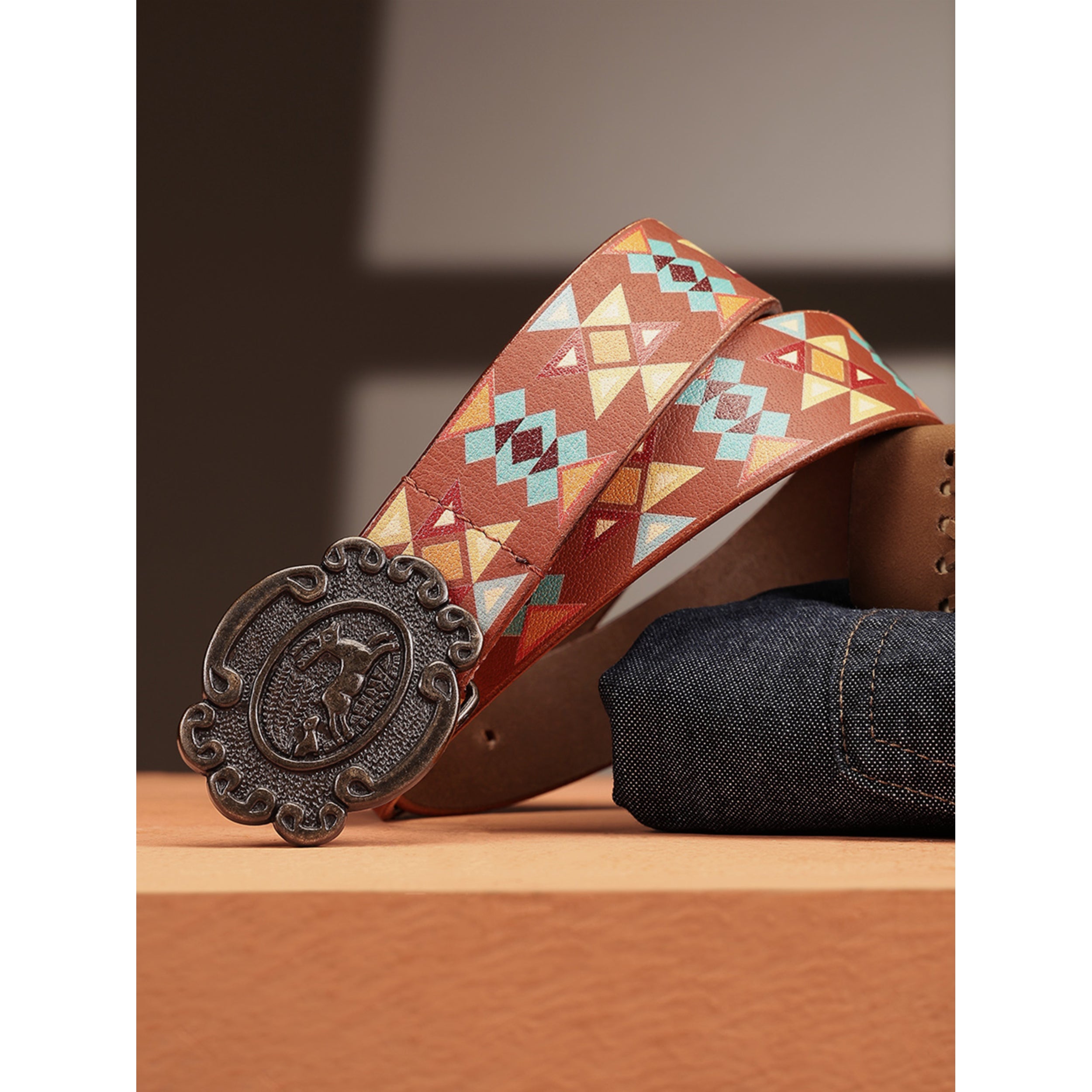 Unisex Aztec Pattern Leather Belt With Antique Buckle Handmade Ethnic Style Accessory.