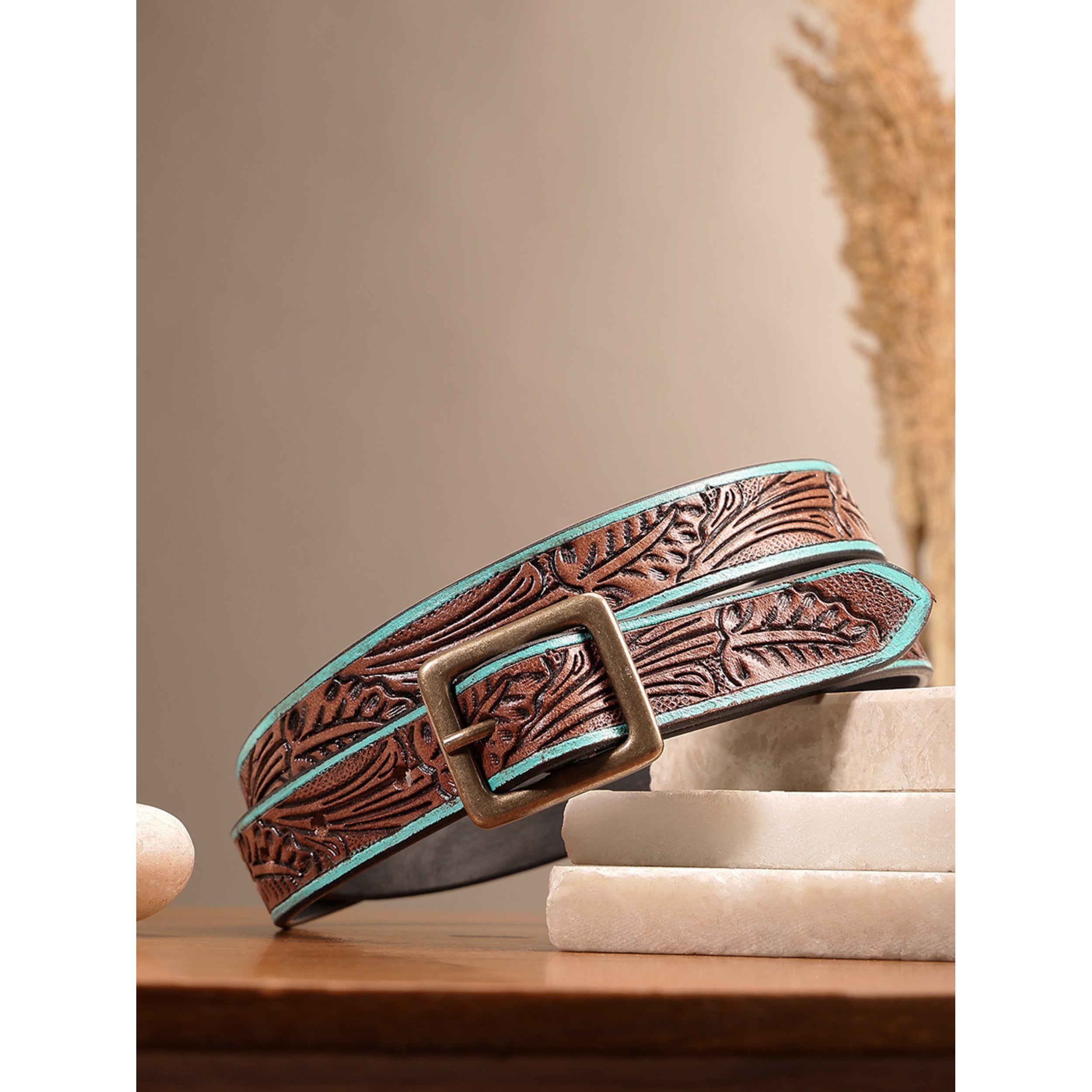 Unisex Genuine Leather Embossed Brown Turquoise Floral Western Waist Accessory Brass Buckle