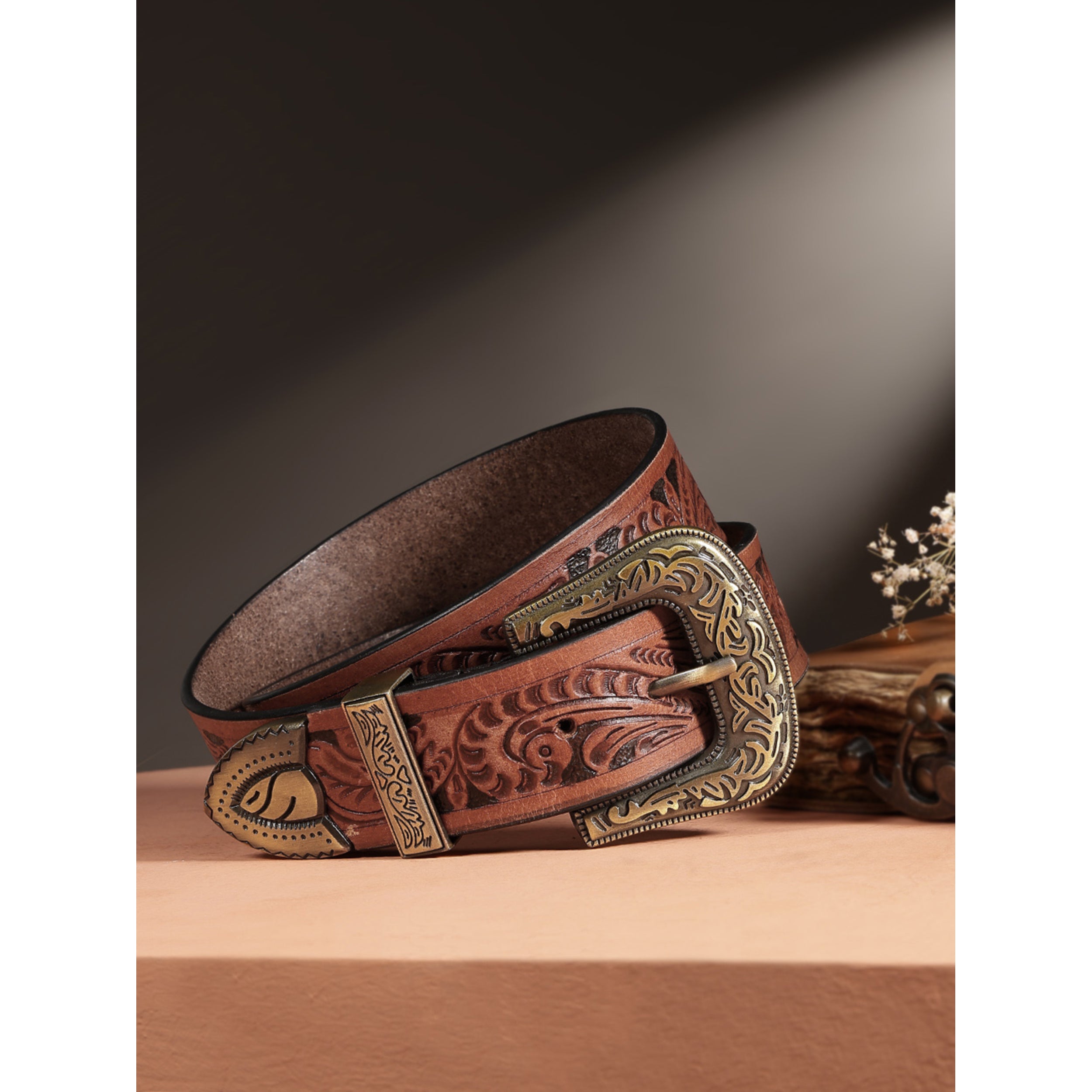 Men Genuine Leather Embossed Brown Western Waist Accessory Ornate Buckle Tip