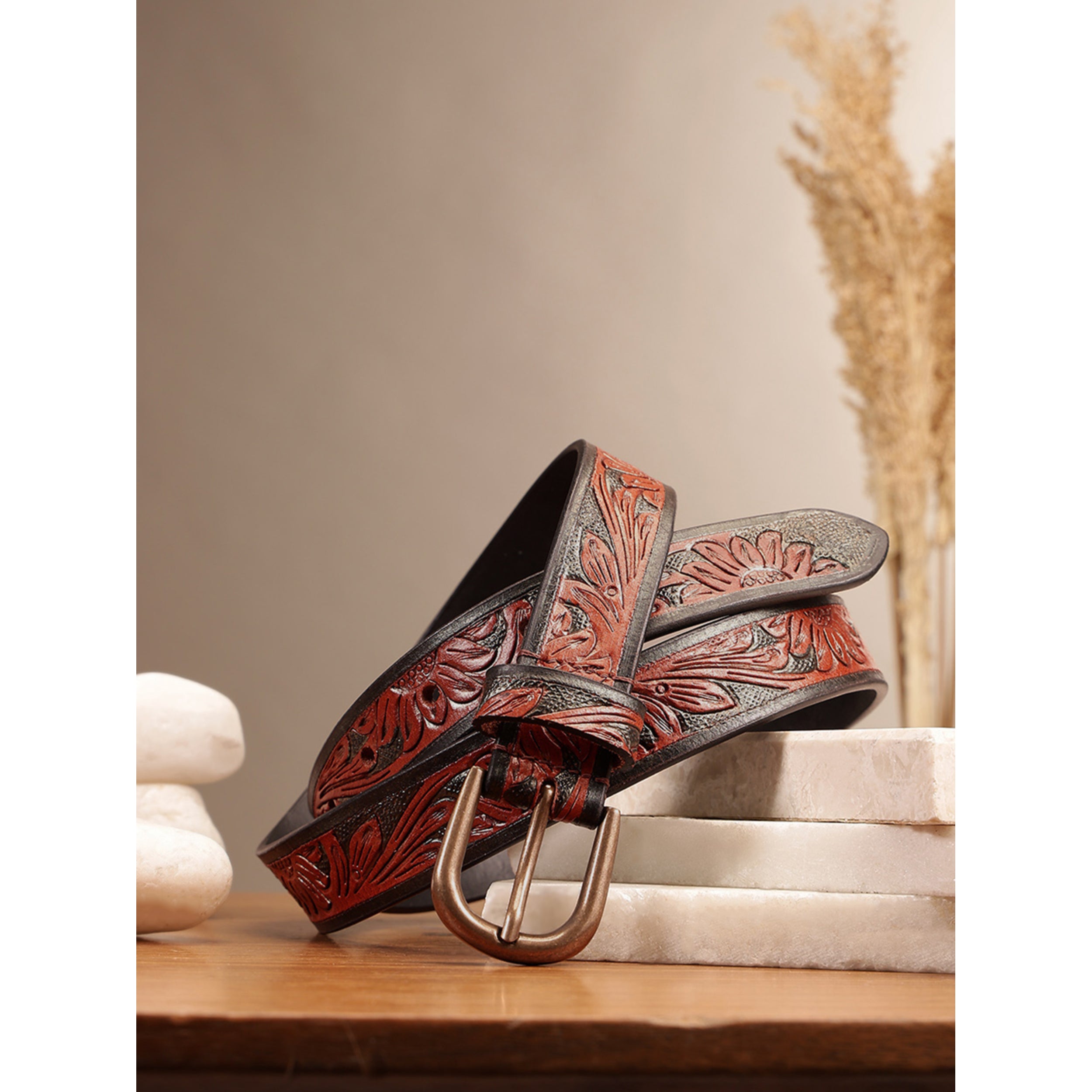 Unnisex Handcrafted Floral Embossed Leather Belt With Antique Brass Buckle For Casual Wear