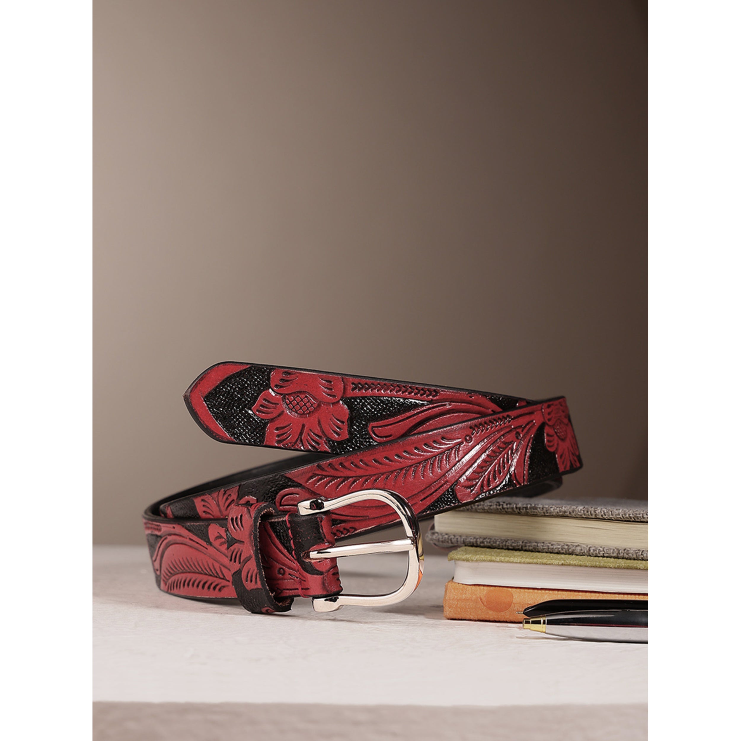 Premium Genuine Leather Red Leaf Embossed Western Casual Waistbelt Silver Buckle