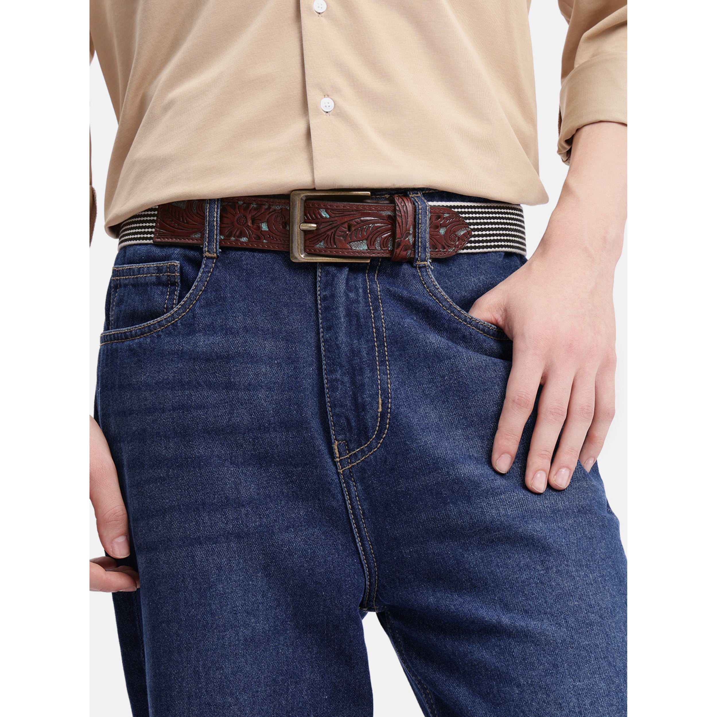 Unisex Genuine Leather Floral Embossed Brown Teal Elastic Waist Accessory Antique Buckle