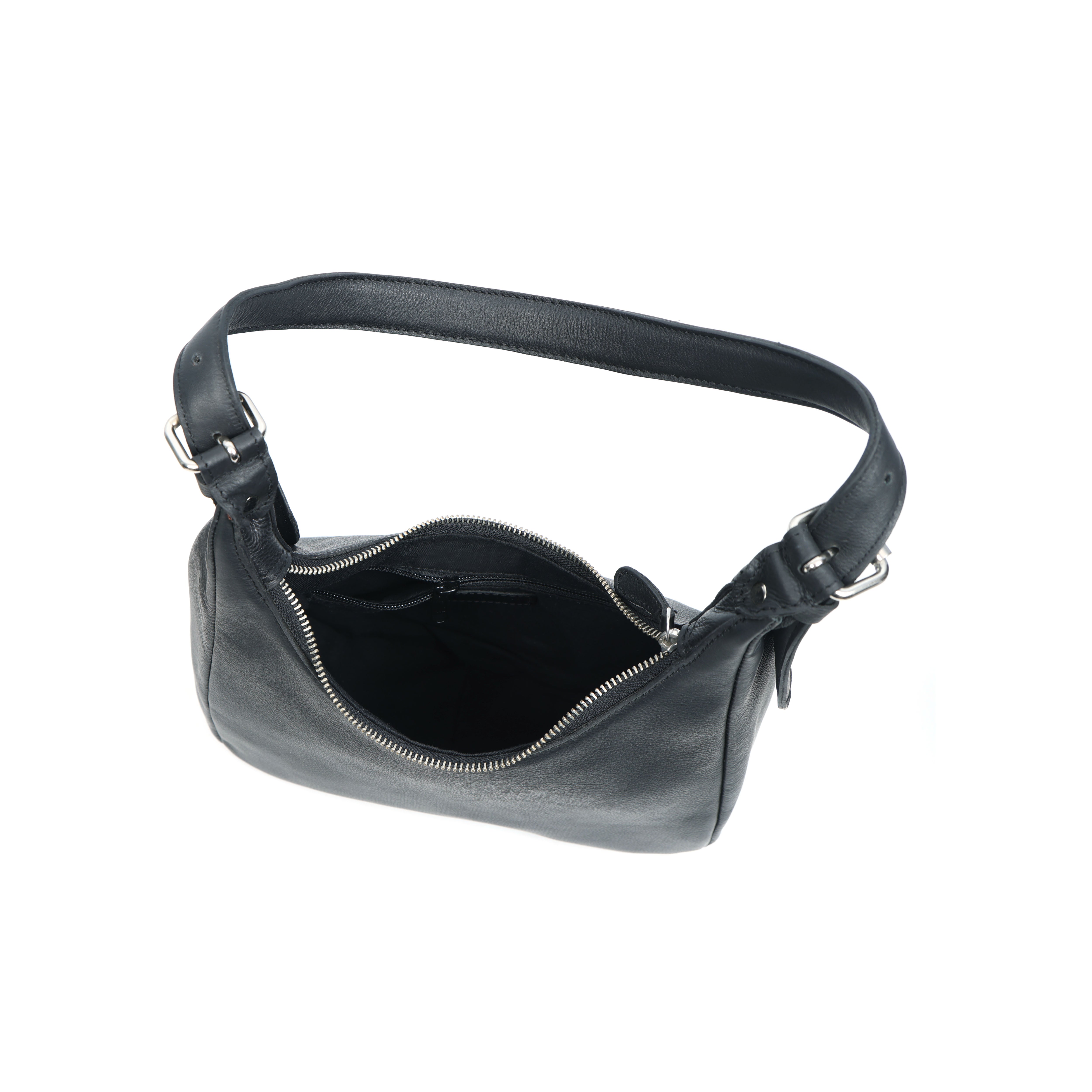 Premium Black Leather Shoulder Bag with Adjustable Strap & Secure Zip Pockets