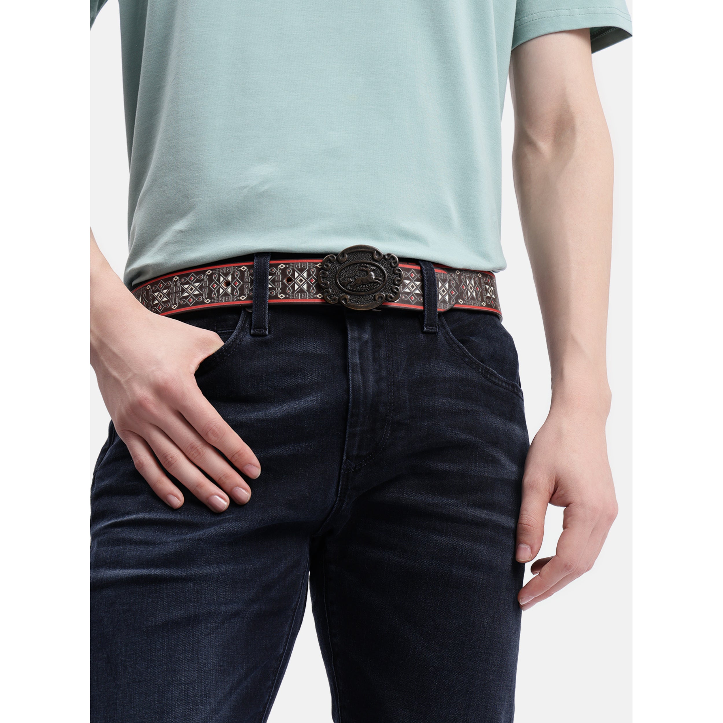 Unisex Genuine Leather Geometric Tribal Black Red Waist Belt Antique Buckle