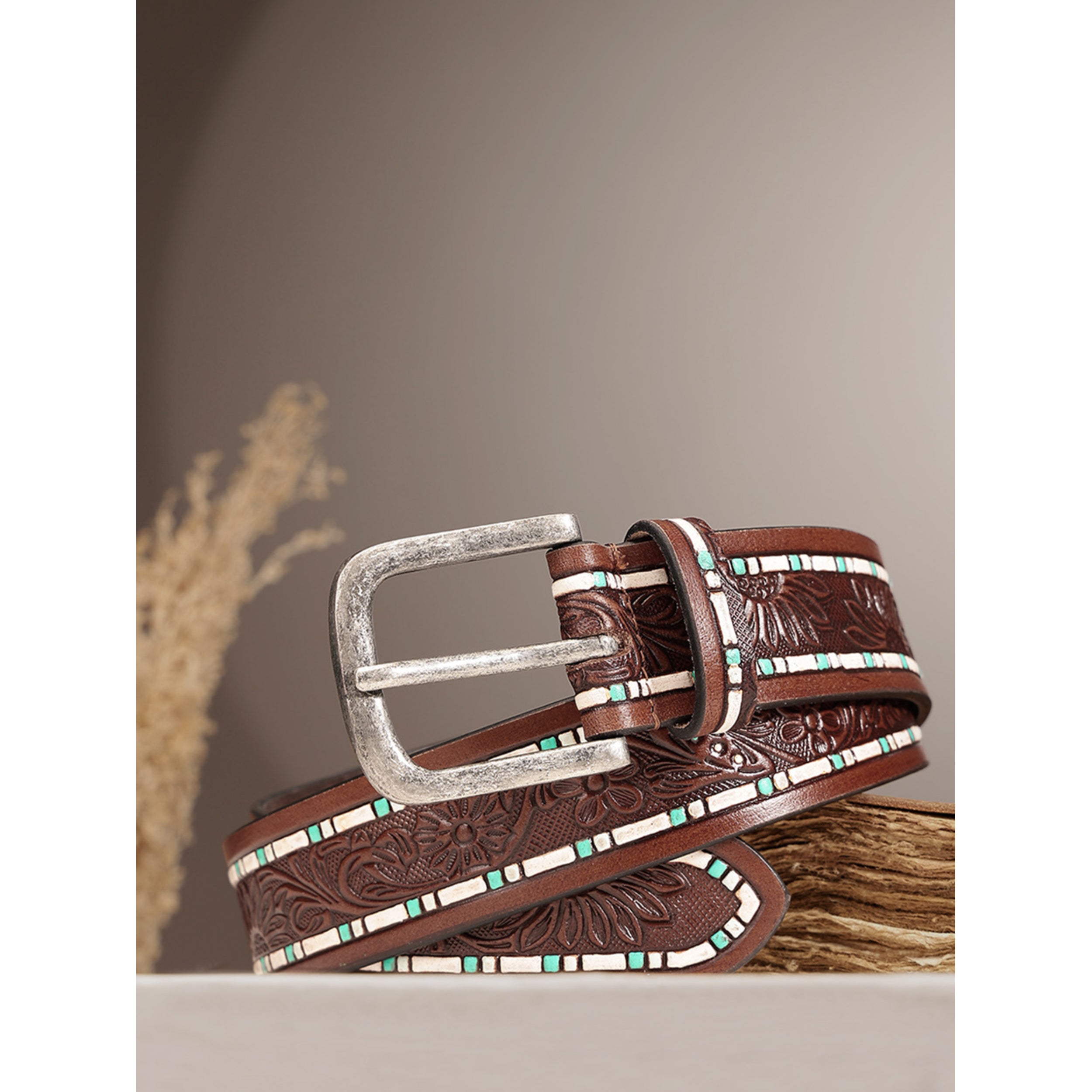 Premium Handcrafted Floral Tooled Leather Belt With Turquoise Inlay And Vintage Buckle