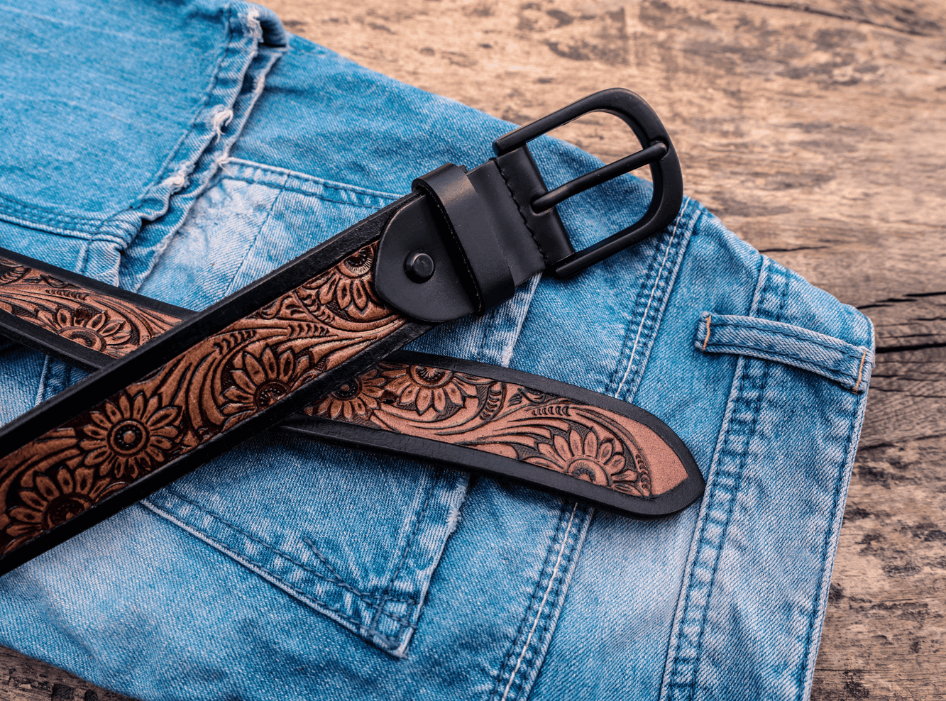 Exquisite Hand-Carved Leather Belt with Black Buckle, Crafted in India - CELTICINDIA