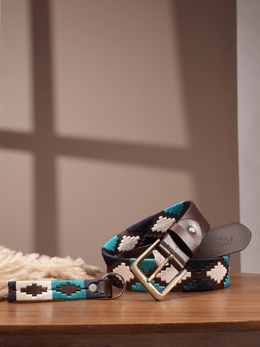 Premium Brown Leather Belt with Golden Buckle & Multi-Color Stitching.