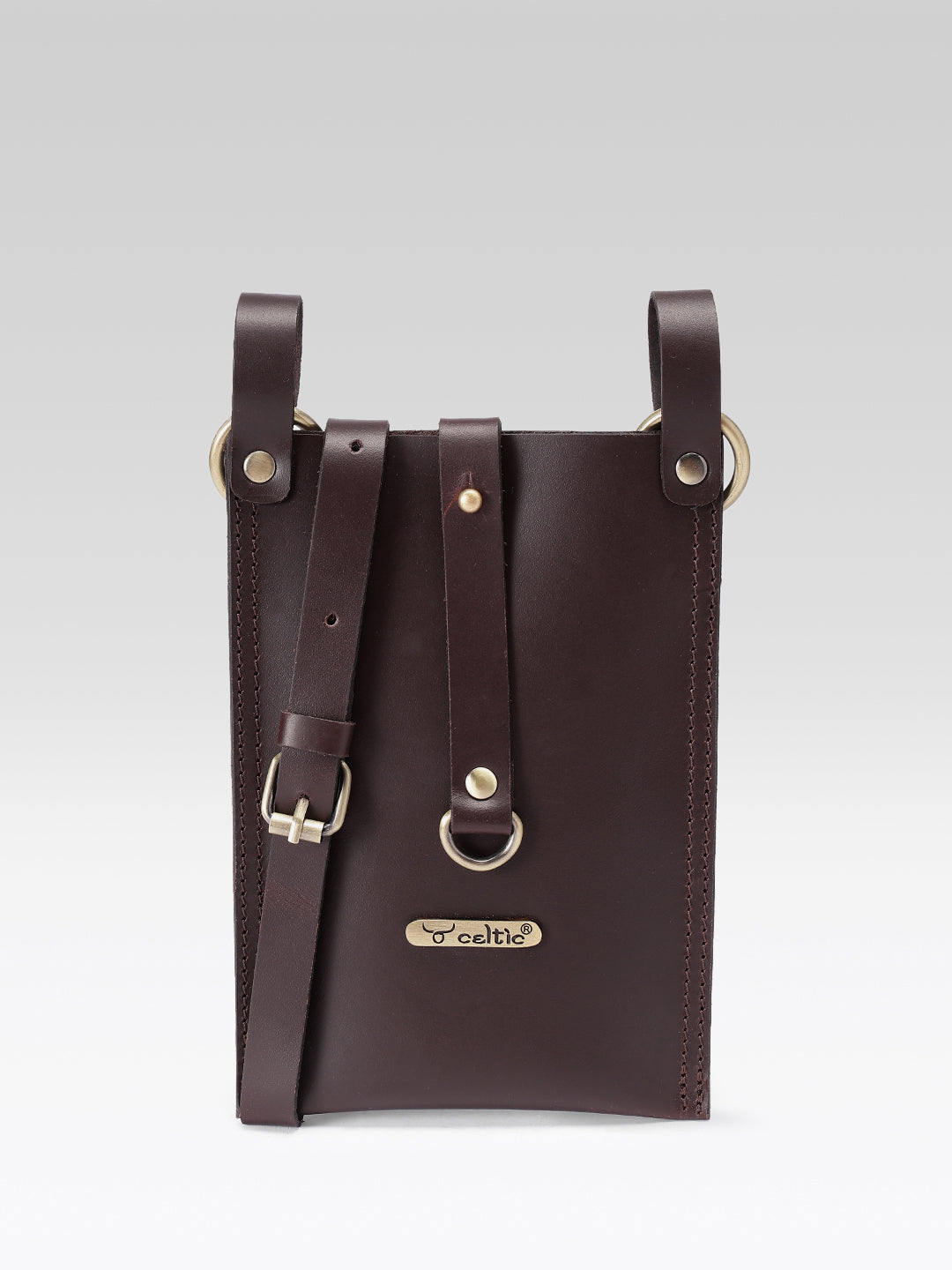 Genuine Leather Crossbody Phone Pouch with Adjustable Strap – Dark Brown